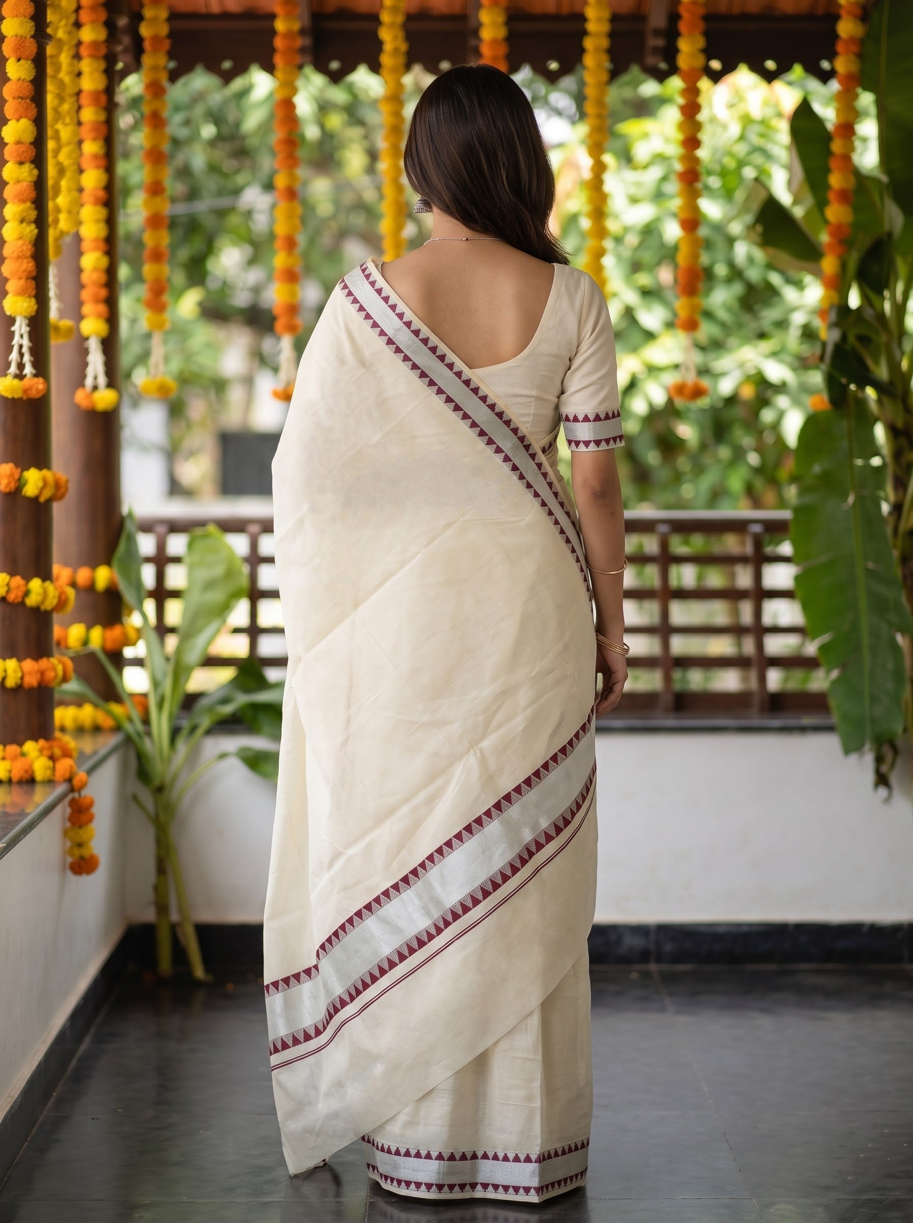 Cotton Cream Plain with Silver Zari Maroon Border Onam Special Kerala Kasavu Saree