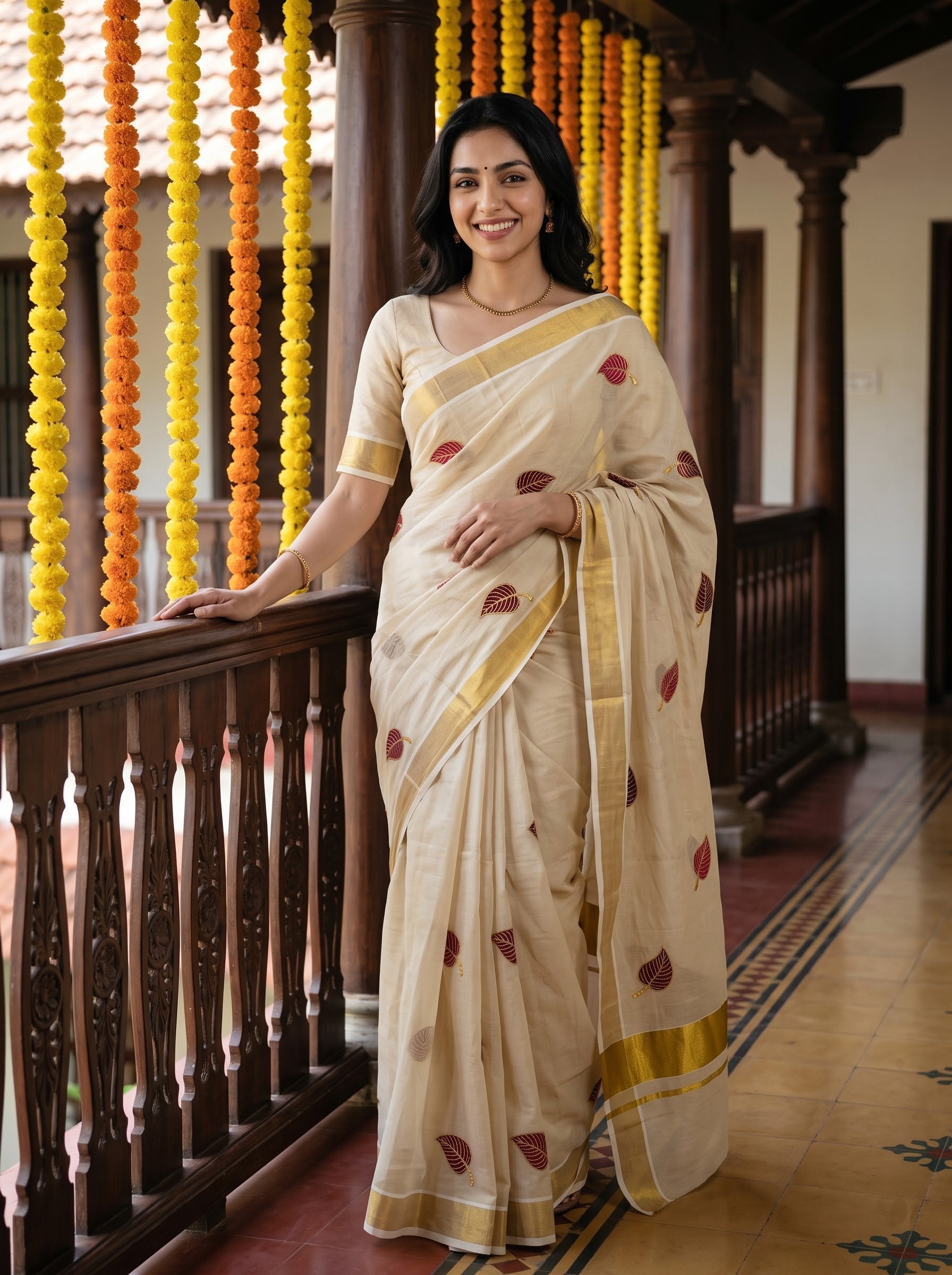 A woman wearing a beige cotton saree with gold borders and maroon leaf prints, standing on a traditional wooden balcony decorated with yellow marigold garlands.
