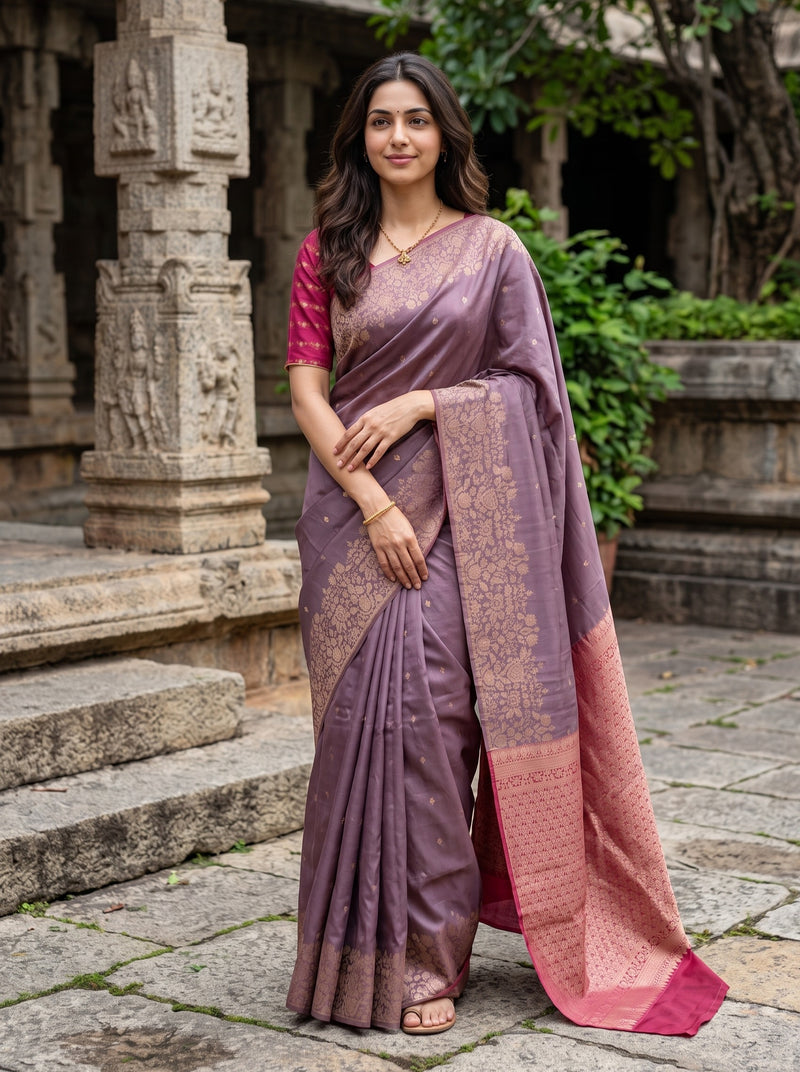 A woman stands outdoors in front of stone steps and columns, wearing a purple saree with a pink border and a matching pink blouse.