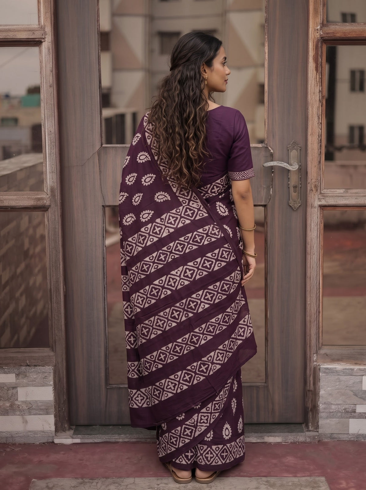 Cotton Wine Maroon Saree with Batik Print Geometric Diamond Striped Pallu and Paisley Body
