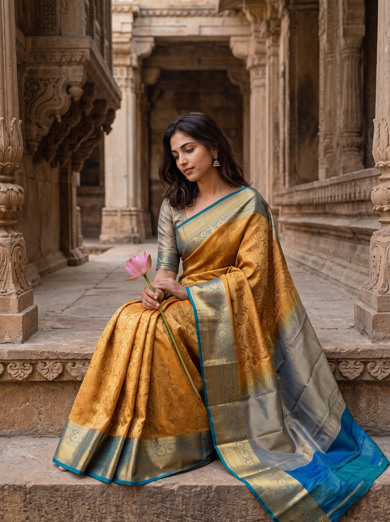 A woman seated in a stone courtyard wearing a golden yellow and silver saree with a blue border, holding a pink lotus flower.