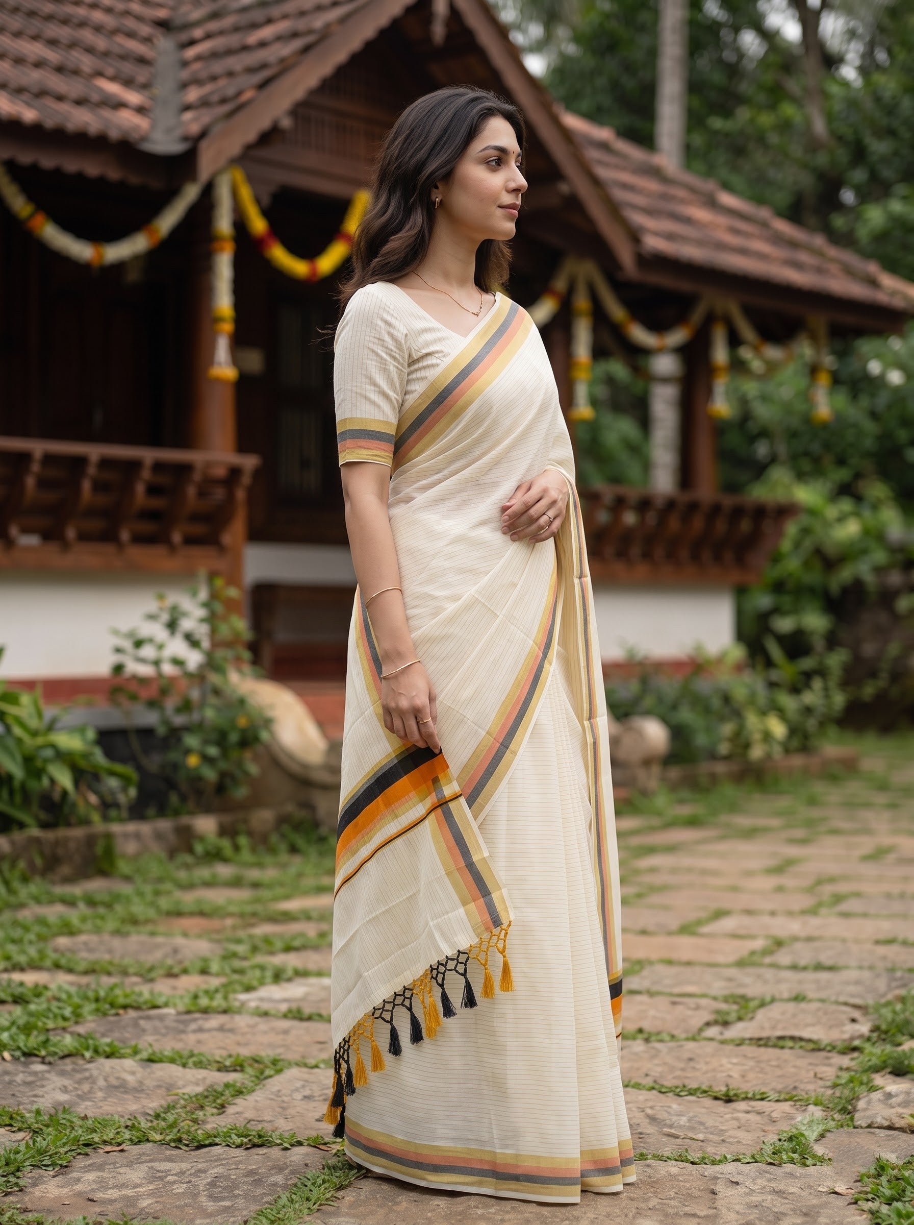 A woman wearing a cream-colored cotton saree with yellow, orange, and black stripes and tassels, standing in a garden courtyard with a traditional house in the background.