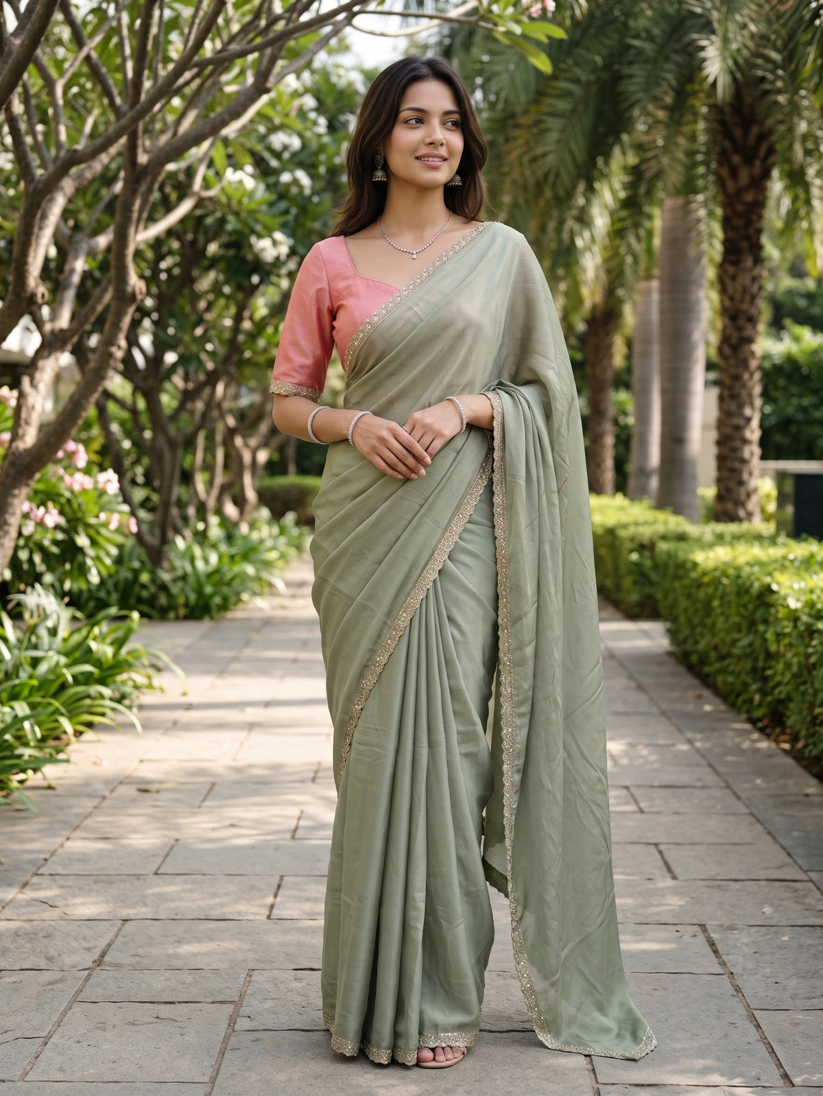 Satin Sage  Green Saree with Plain Body and Gold Sequin Work Scalloped Lace Border