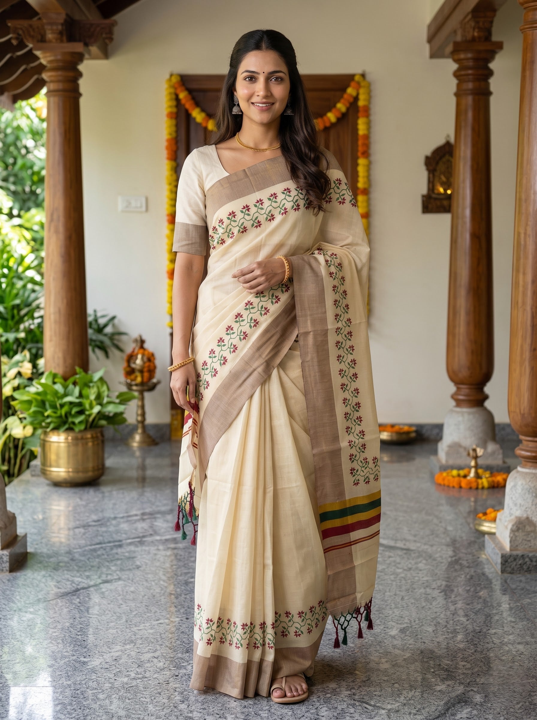 A woman modeling a traditional Indian saree in a decorated indoor corridor with wooden pillars. The saree is cream-colored with a beige border, featuring colorful floral embroidery and a striped pallu.