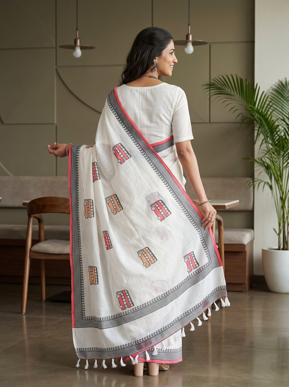 Cotton Saree in Off-White with Cartoon Bus Motifs and Paisley Trim