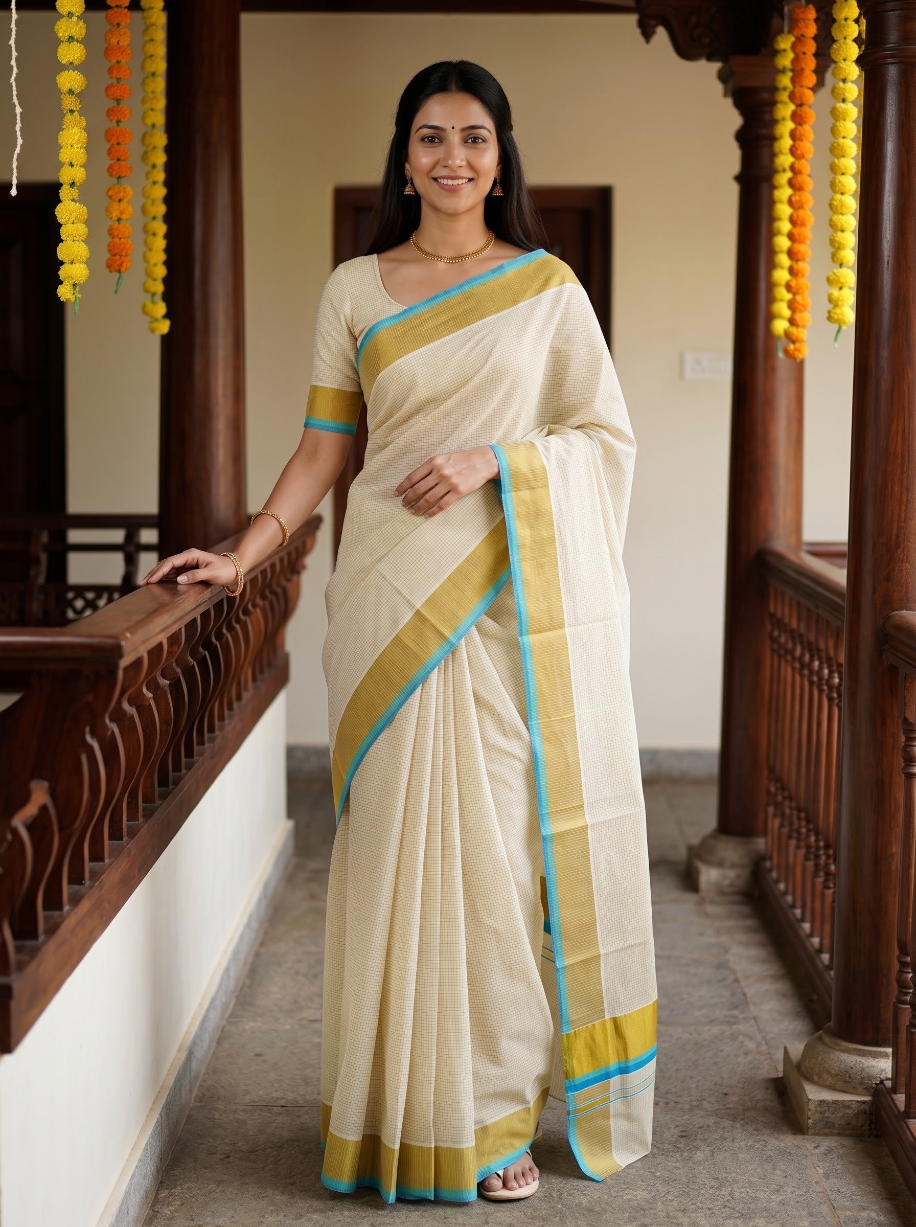 Cotton Cream Fine Checkered with Golden Turquoise Border Onam Special Kerala Saree