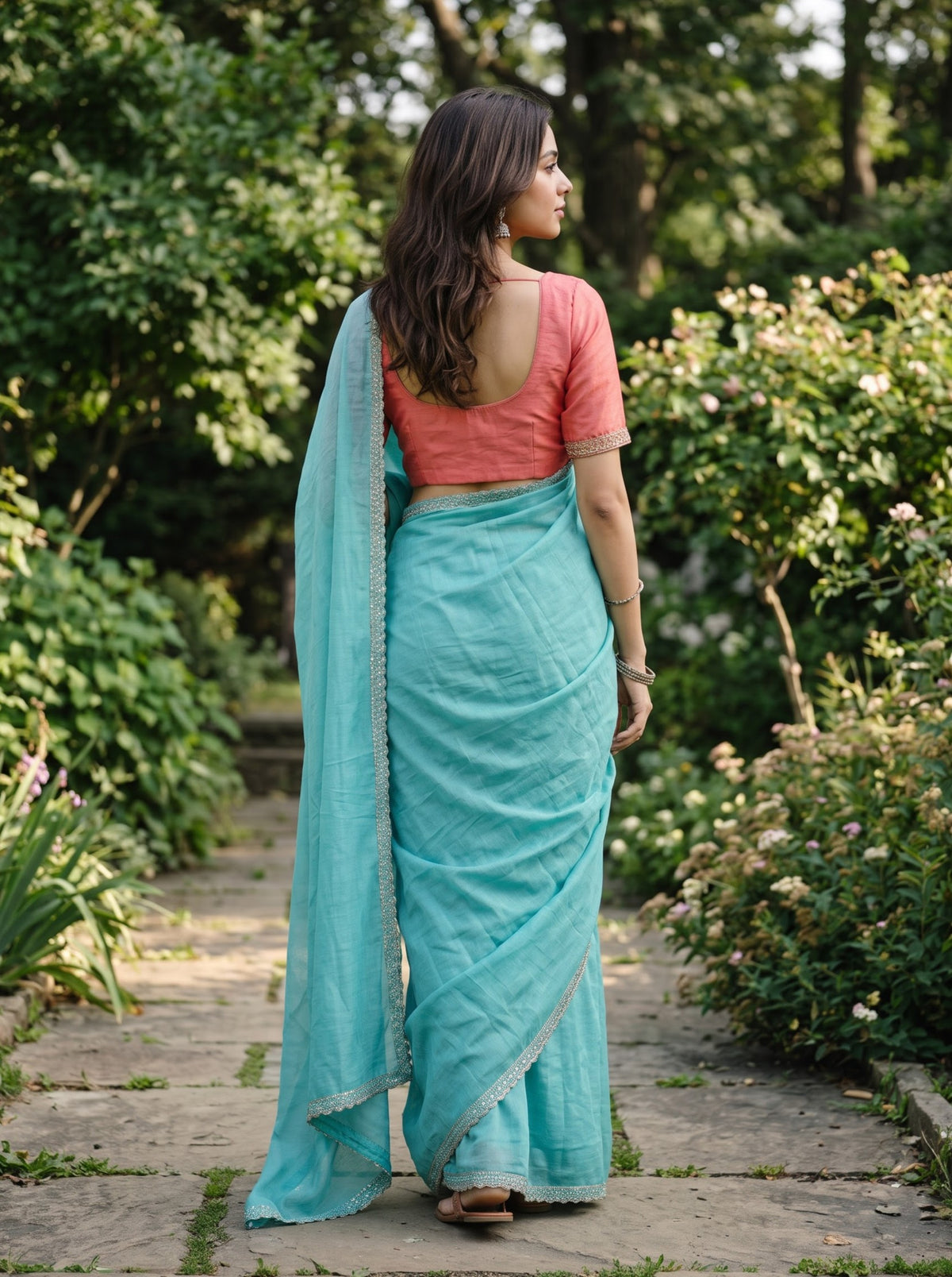 Satin Sea Green Plain Saree with Sequin Scalloped Border and Stone Work Edge