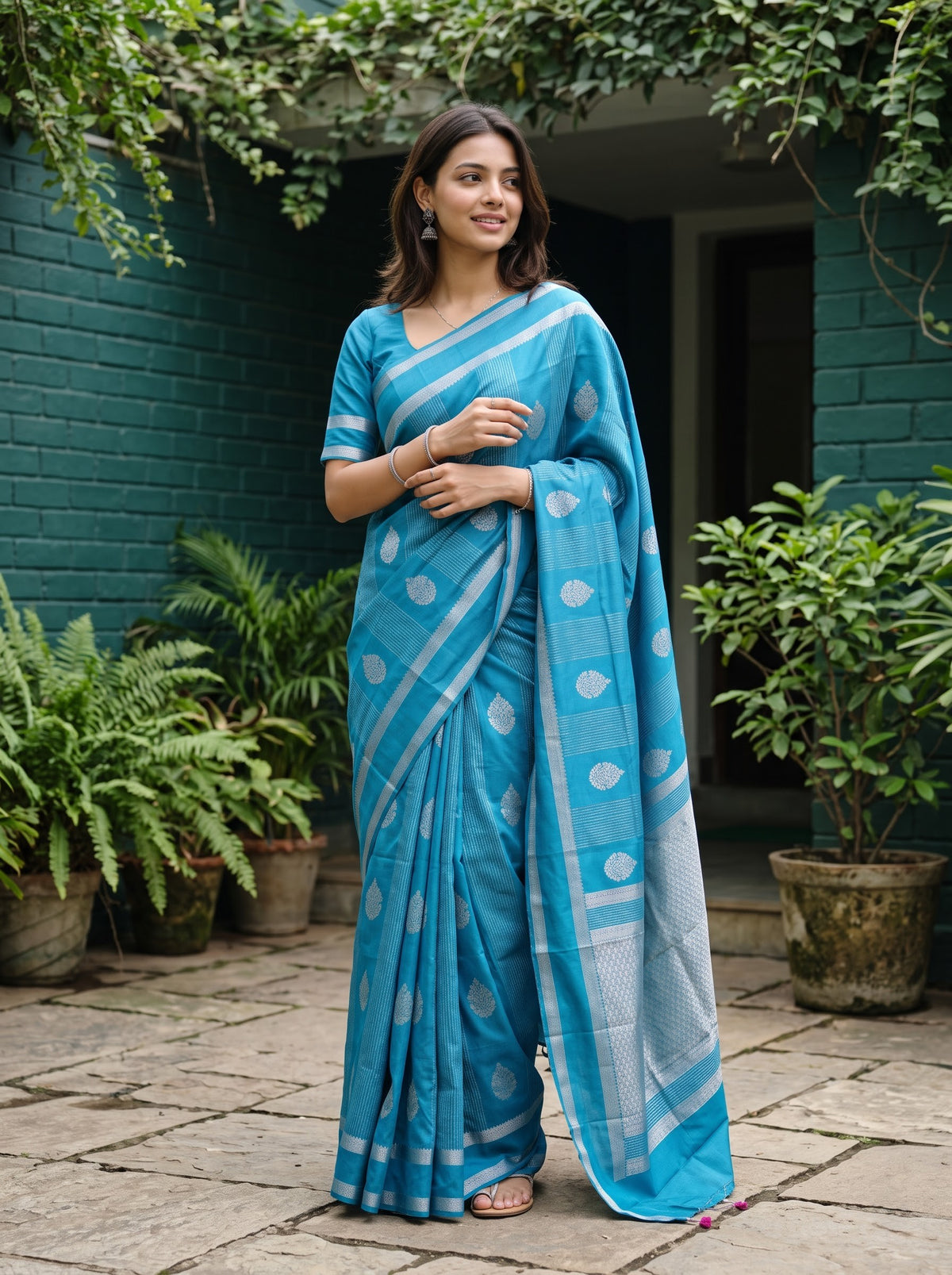 Semi Silk Teal Blue Saree with Silver Zari Jaal Pallu and Dotted Stripe Body