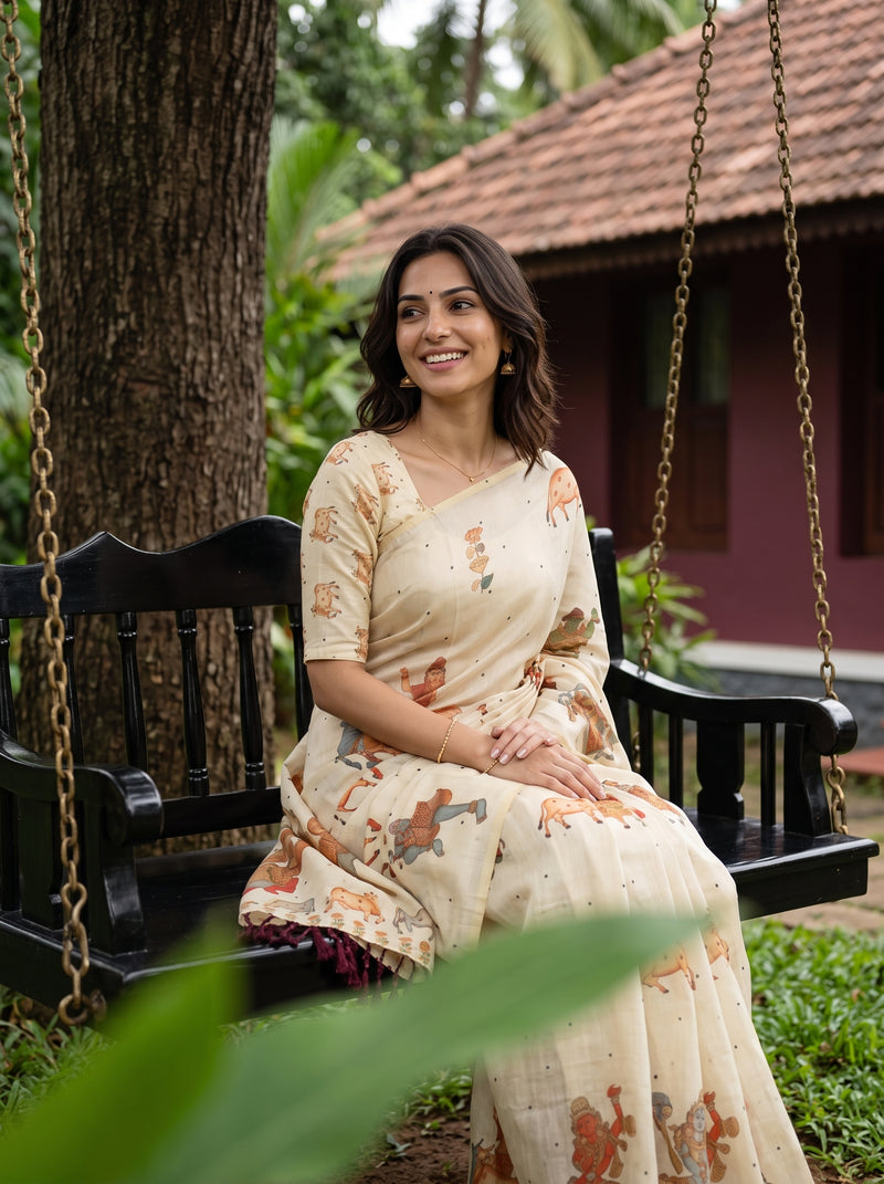 A woman wearing a beige printed saree sits on a black wooden swing bench outdoors in a garden setting with a house and tree in the background.
