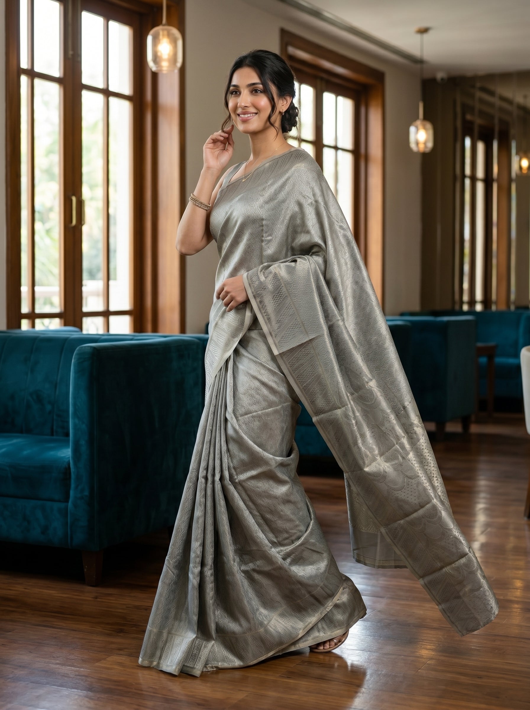 Woman in a silver saree standing in a room with blue velvet couches and large windows.
