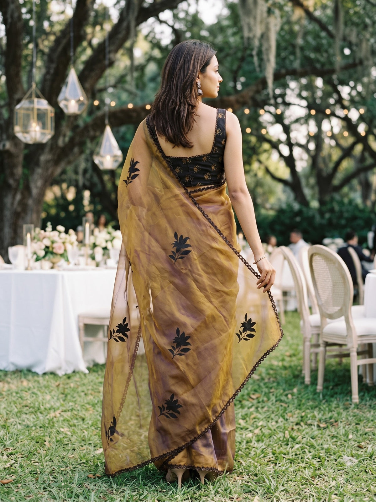 Organza Golden Bronze Saree with Black Lily Floral Print and Black Beaded Zigzag Border