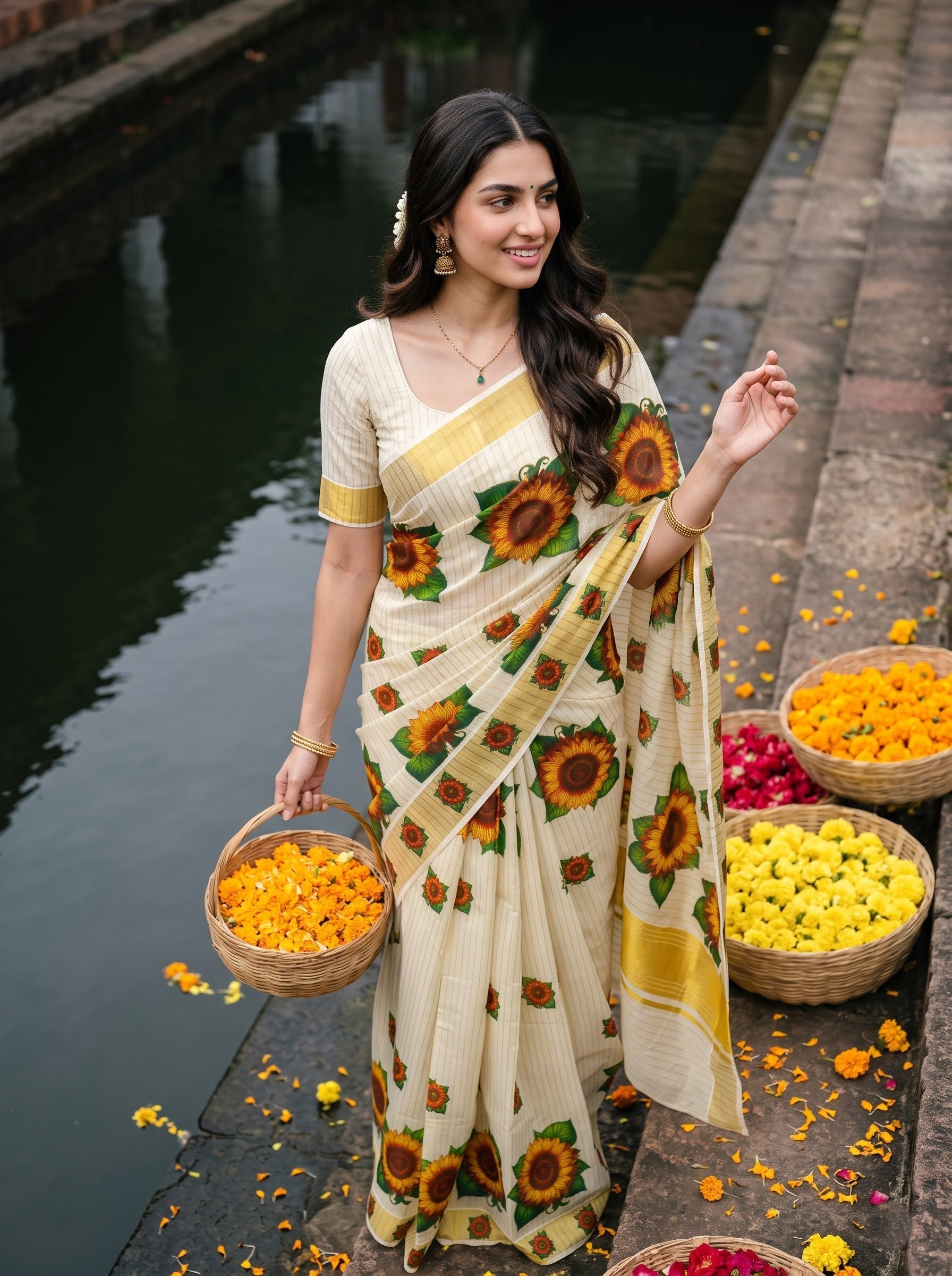 Tissue Cream Pinstripe Sunflower Print with Golden Zari Border Onam Special Kerala Saree