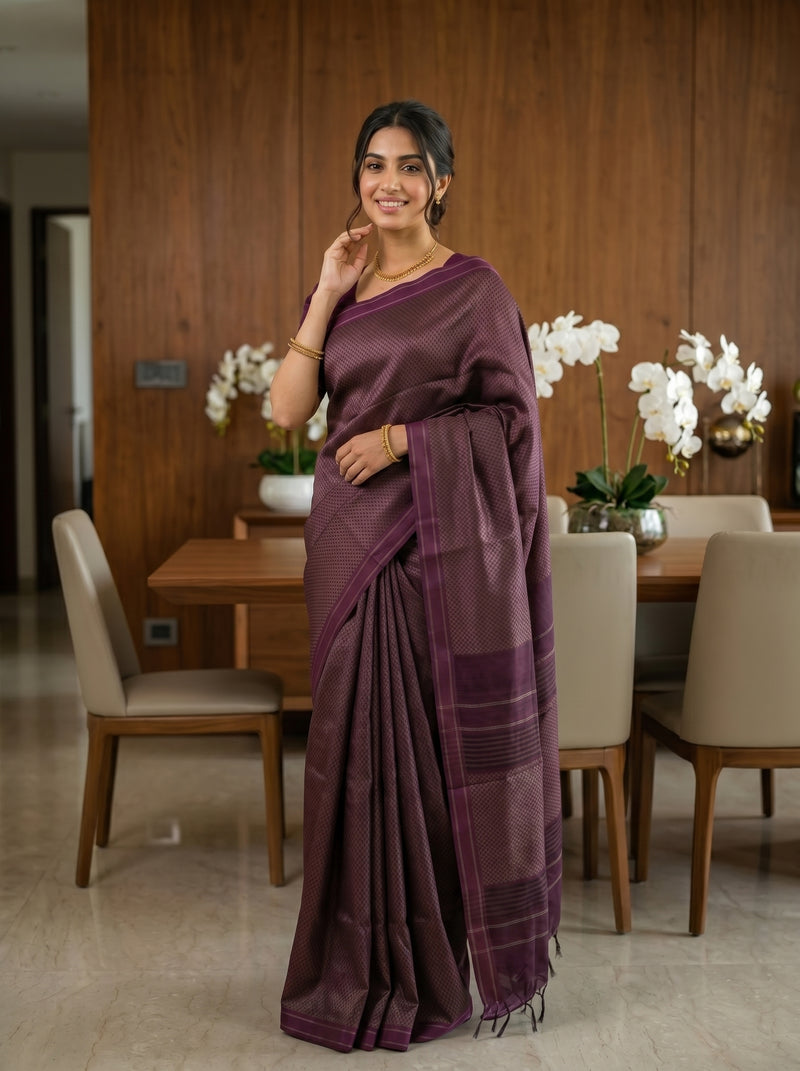Woman in a purple saree standing in a dining room with wooden furniture and white flowers.