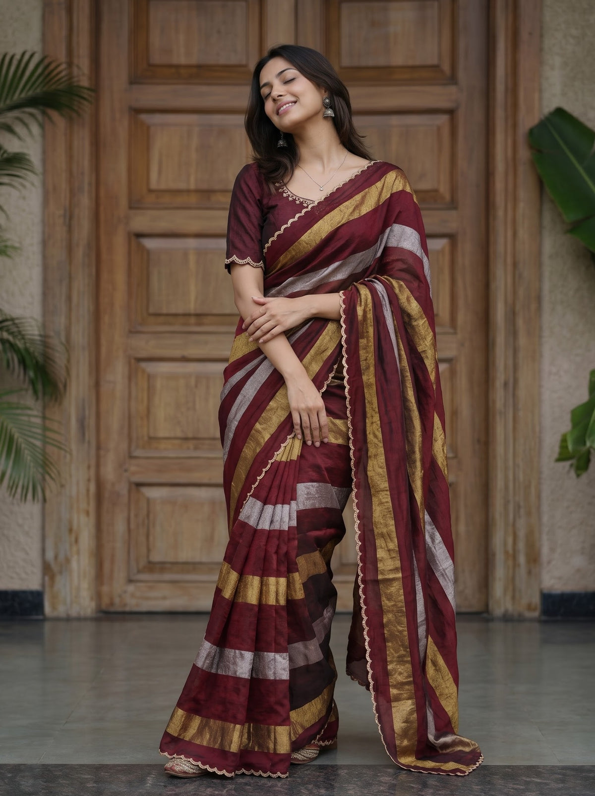 Organza Maroon Golden & Silver Zari Striped Saree with Stone Studded Scalloped Border