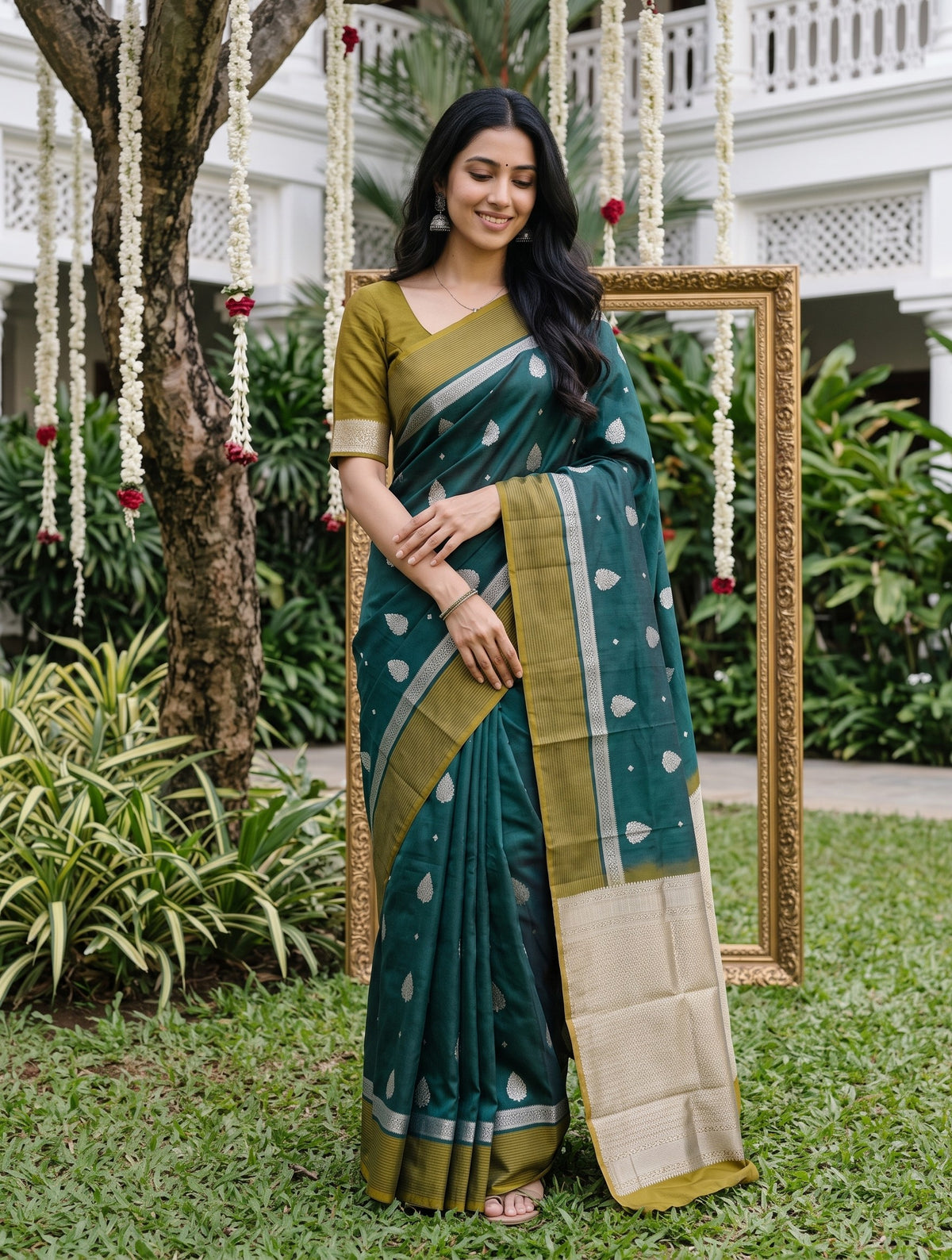 A woman wearing a dark teal green and mustard yellow saree with white motifs, standing in a garden setting next to a gold picture frame.
