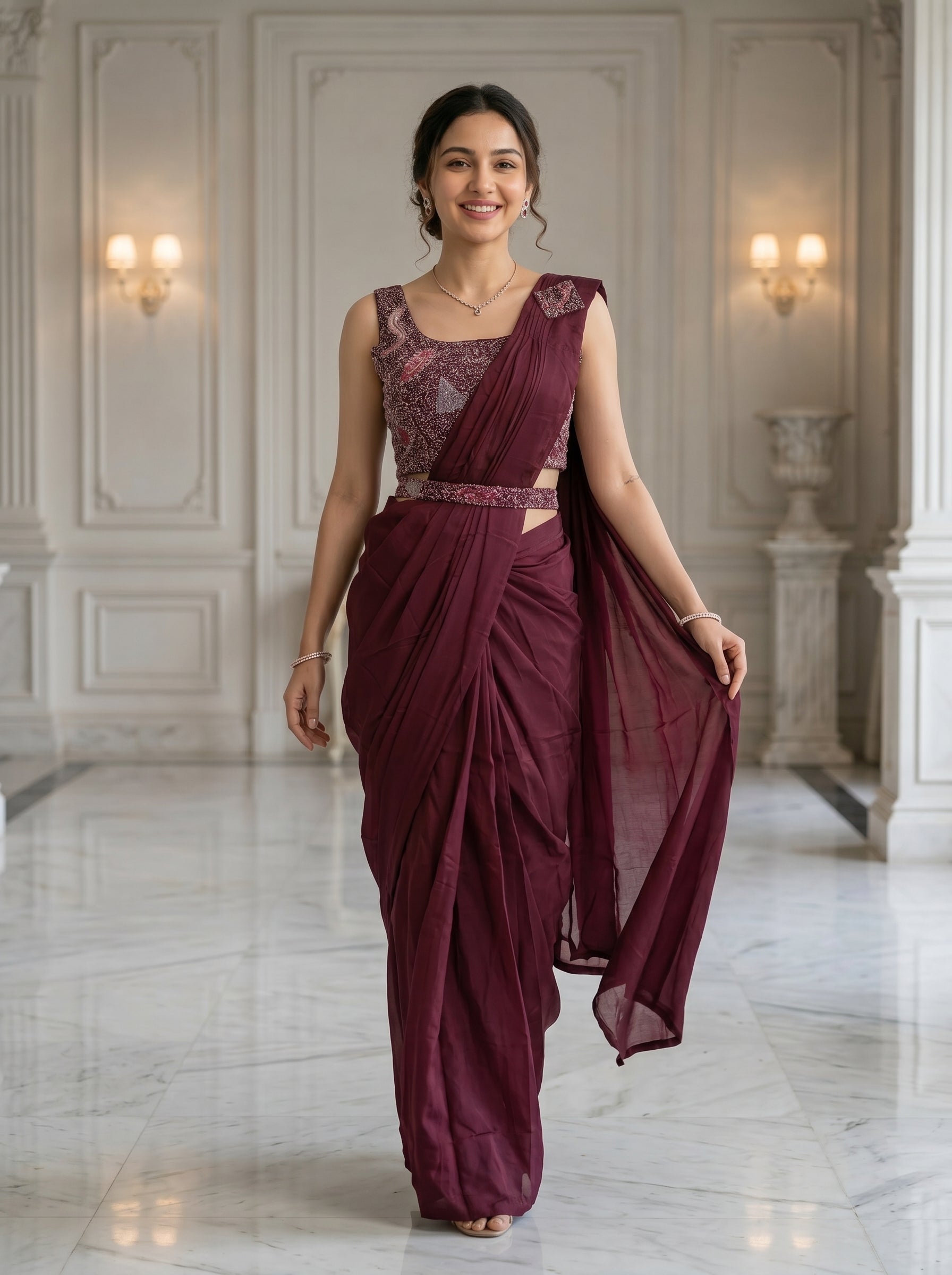Satin Organza Wine Maroon Ready-to-Wear Designer Saree with Sequins Embroidered Blouse