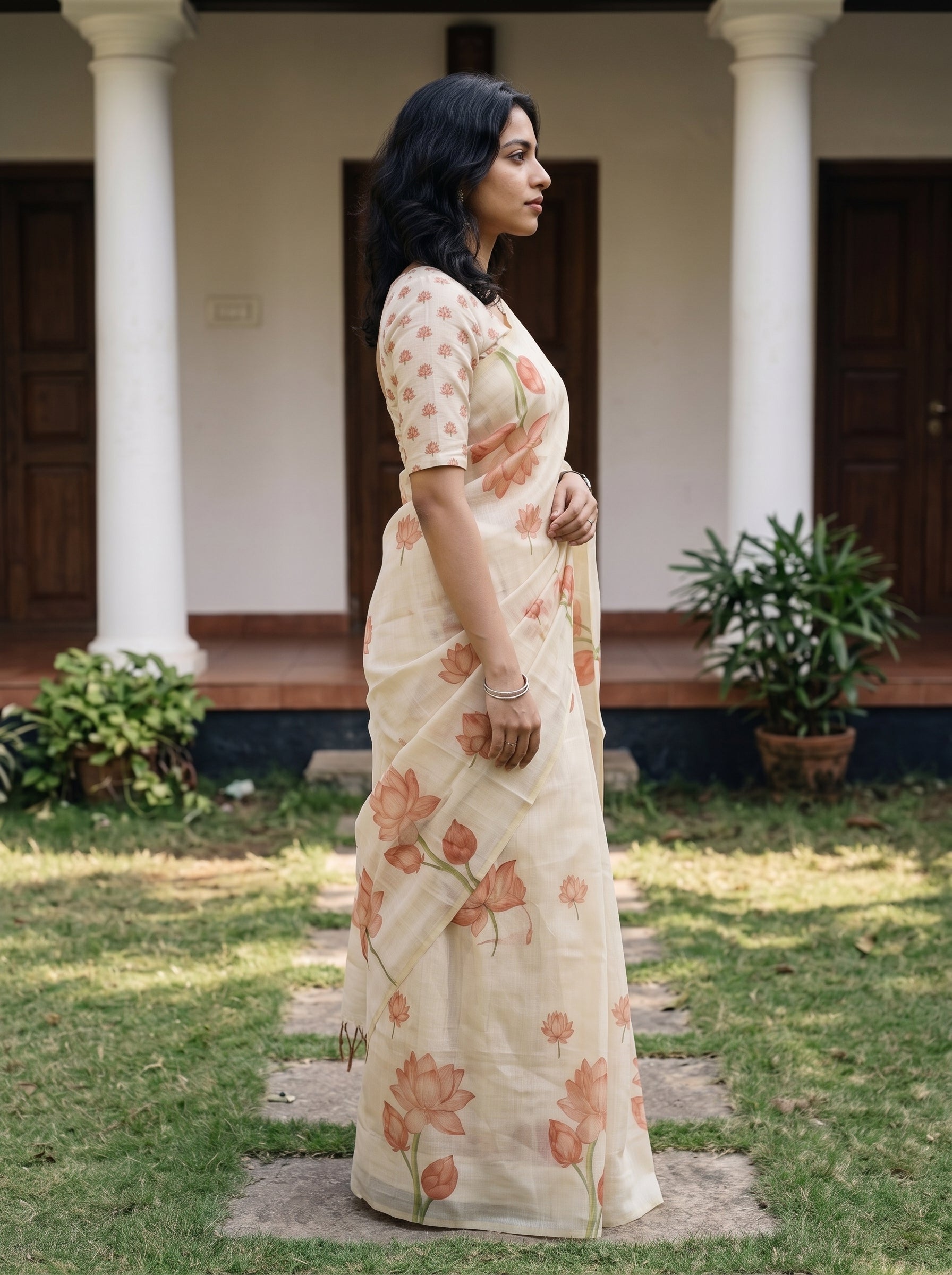 A woman wearing a cream-colored cotton saree with a peach and green floral print stands in profile in front of a house with white pillars and a grassy lawn.