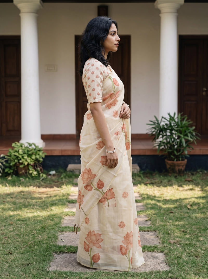 A woman wearing a cream-colored cotton saree with a peach and green floral print stands in profile in front of a house with white pillars and a grassy lawn.