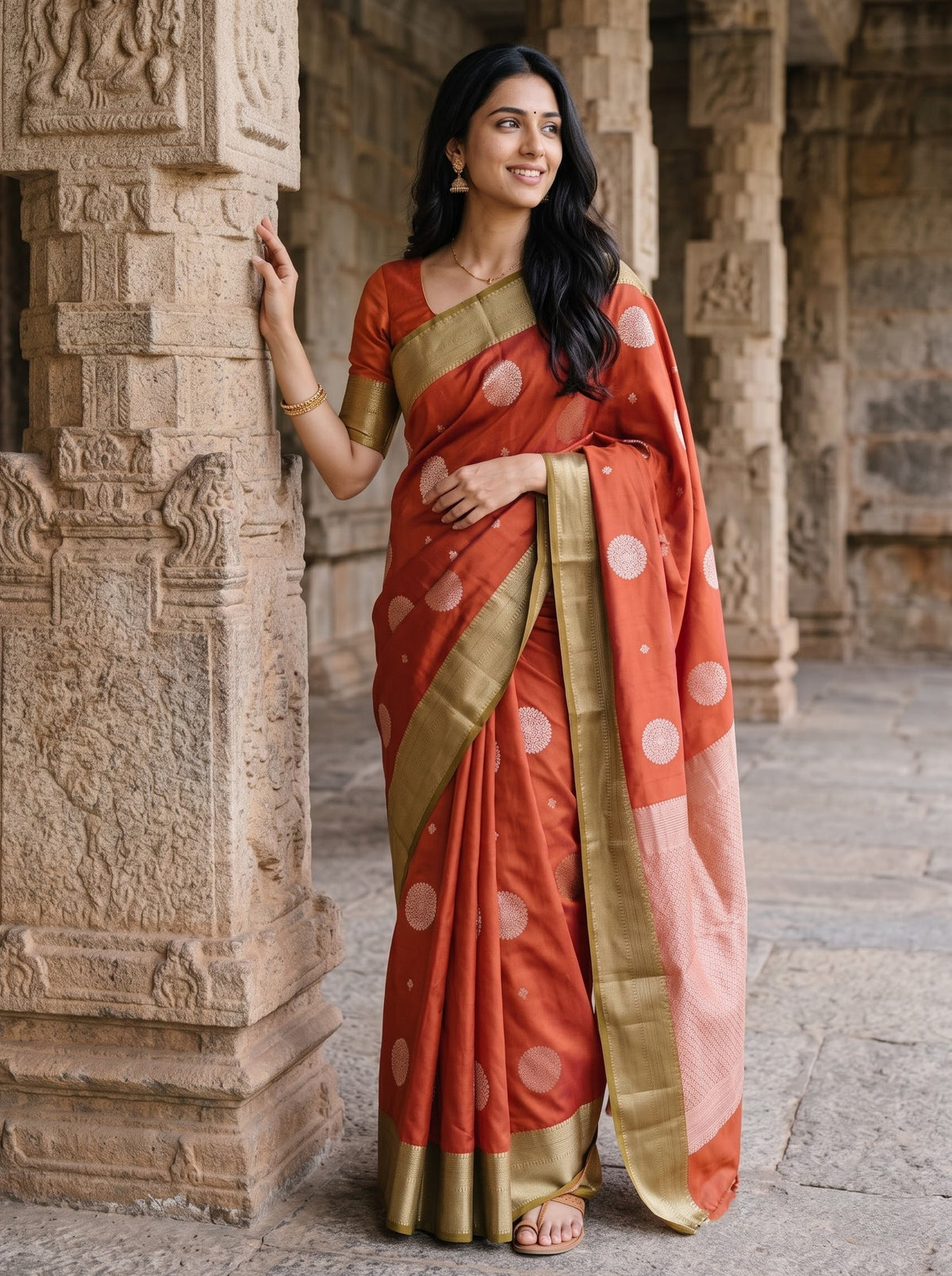 Semi Silk Rust Orange Saree with Silver Zari Woven Pallu, Large Round Buttas and Gold Border