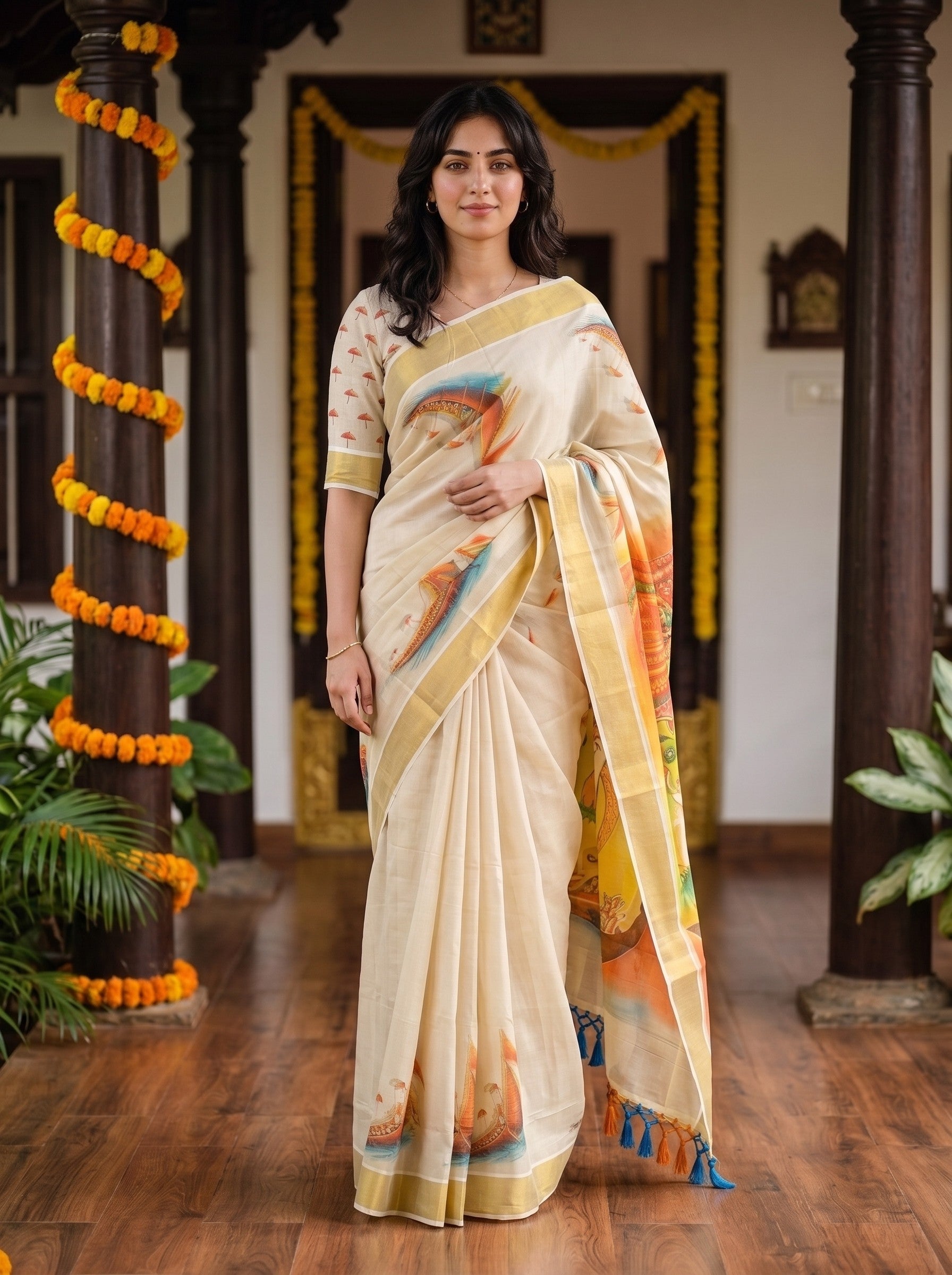 Cotton Cream Kerala Mural Traditional Print Kerala Kasavu Saree