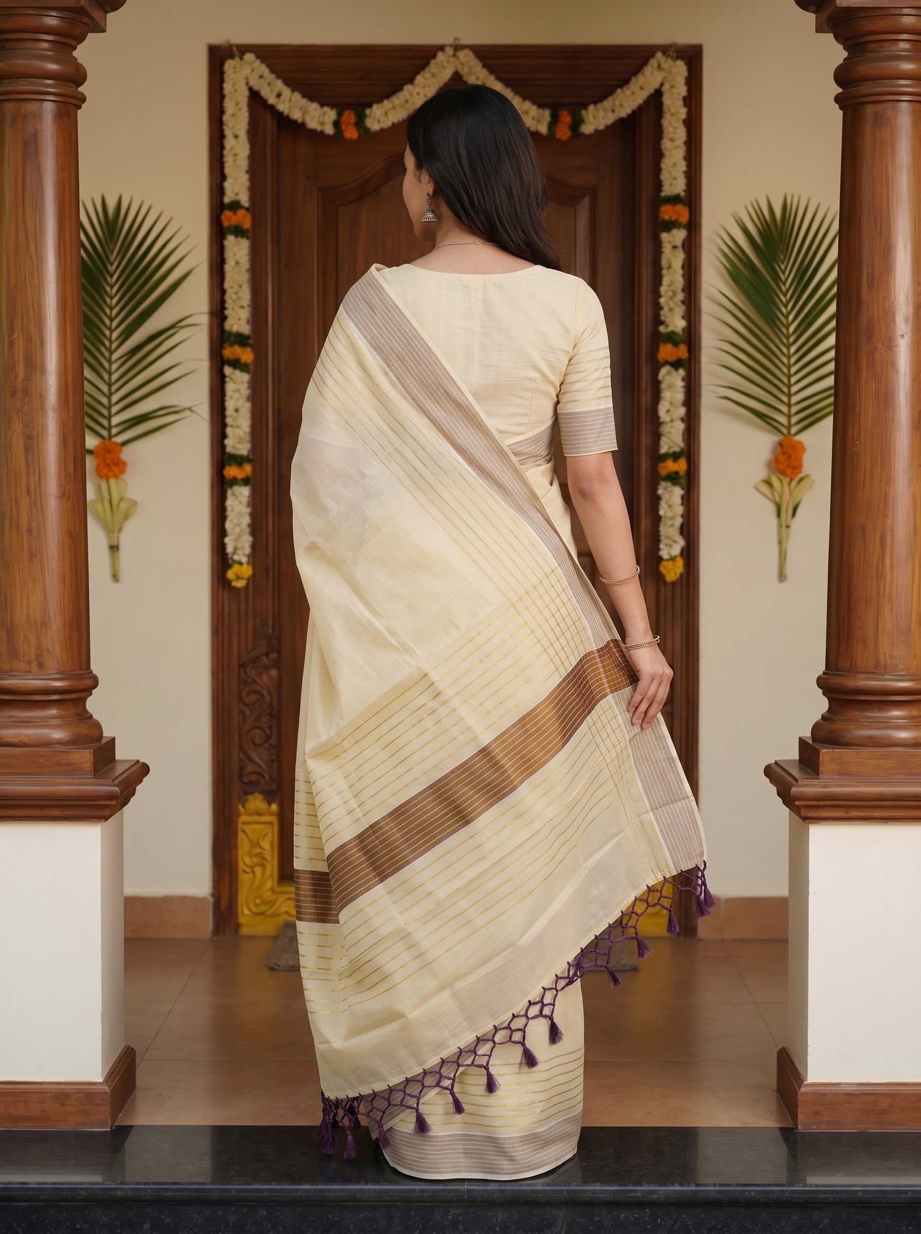 Tissue Cream Golden Checkered Brown Pallu Onam Kerala Saree