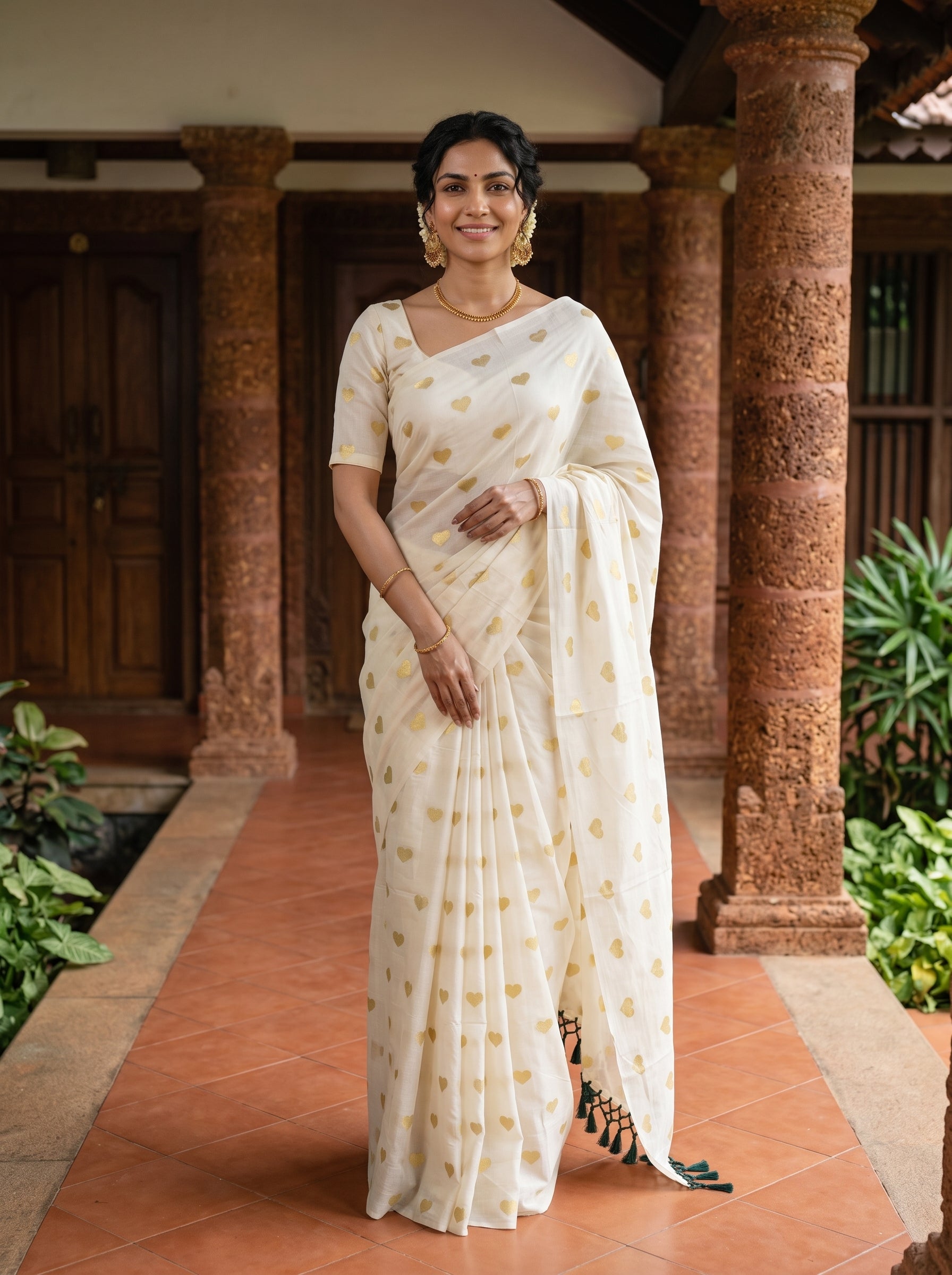 A woman wearing a cream-colored cotton saree with small gold floral prints, standing on a terracotta tiled walkway in front of a traditional house with stone pillars.