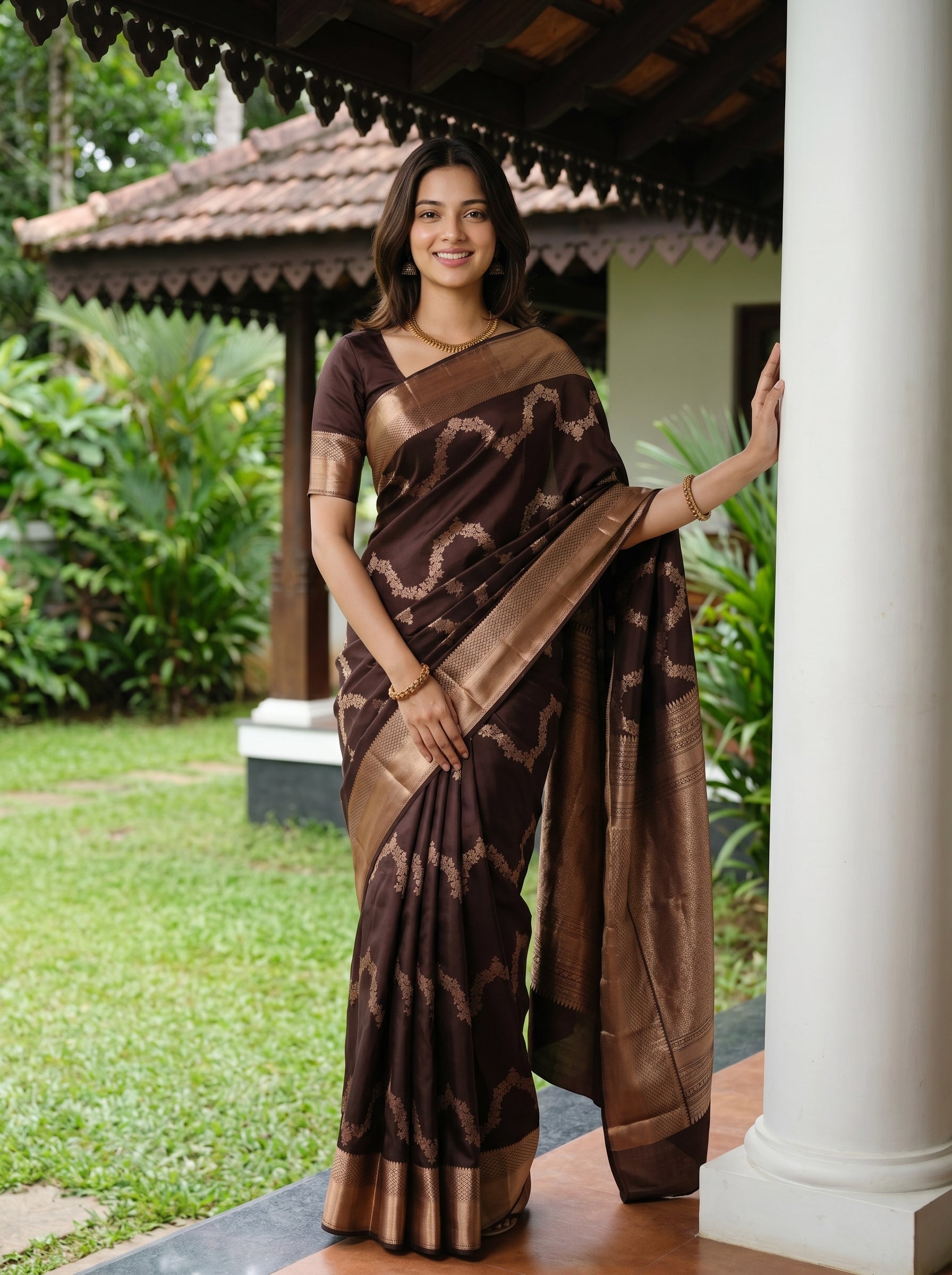 Woman in a brown saree standing outdoors with greenery in the background