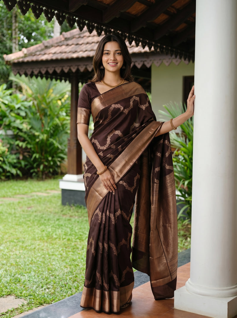 Woman in a brown saree standing outdoors with greenery in the background