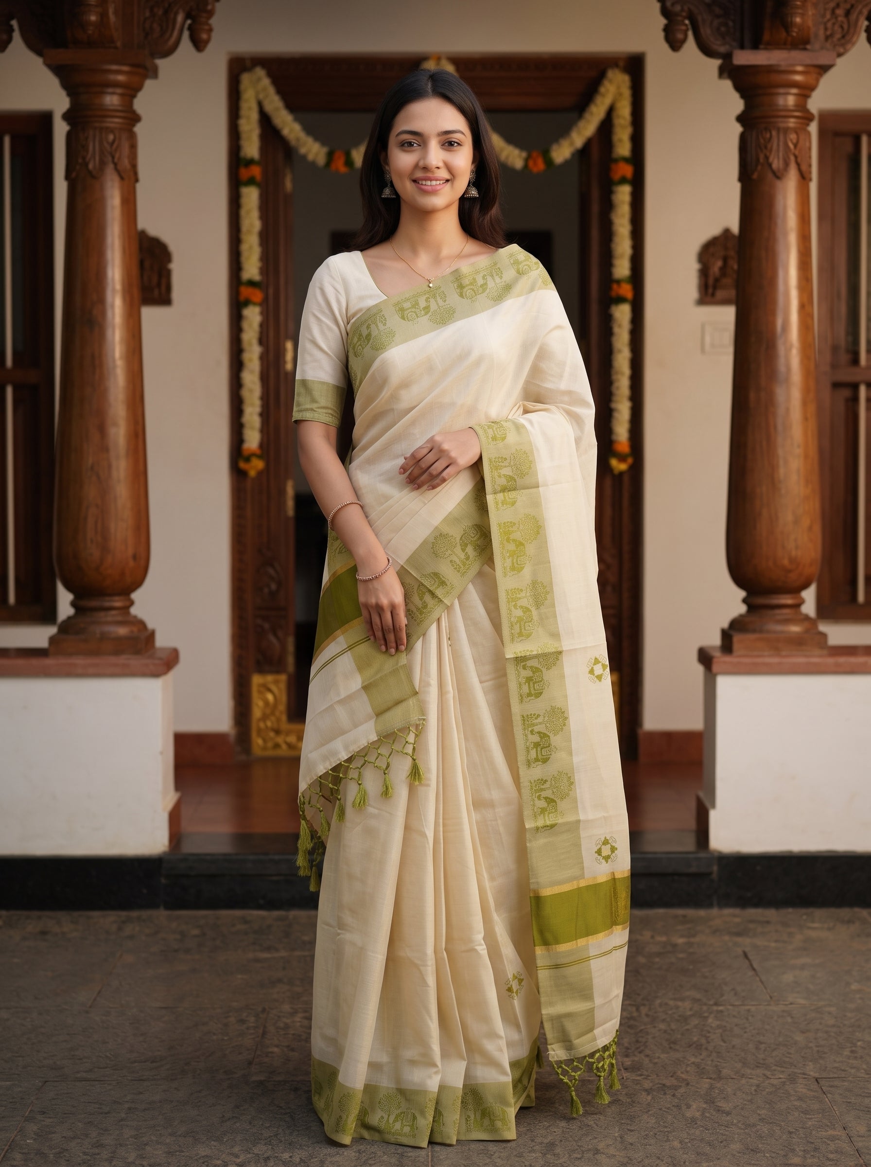 A woman wearing a cream-colored sari with olive green borders and motifs, standing in front of a traditional doorway with wooden pillars.