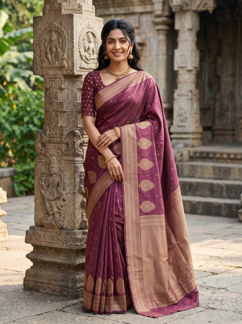 A woman wearing a purple and beige silk saree stands in front of a carved stone pillar in an outdoor temple setting.