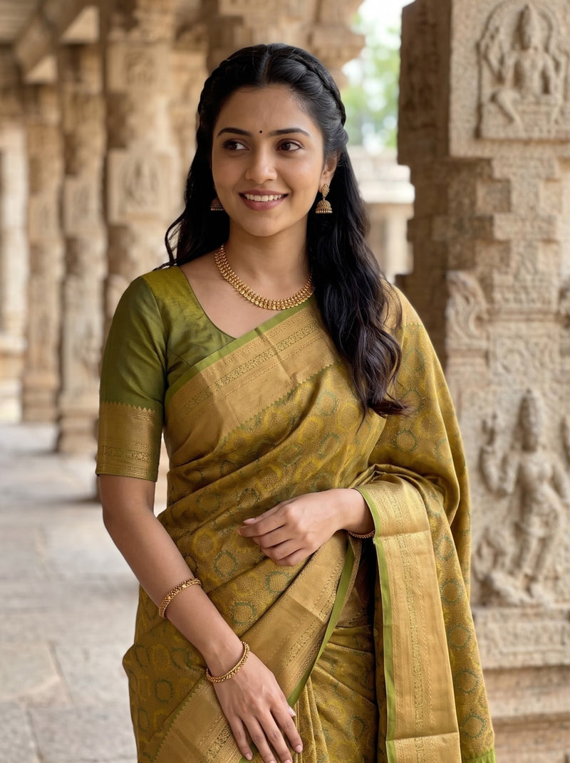A woman wearing a golden olive-green silk saree with gold zari patterns and a matching green blouse, standing in front of a stone temple corridor.