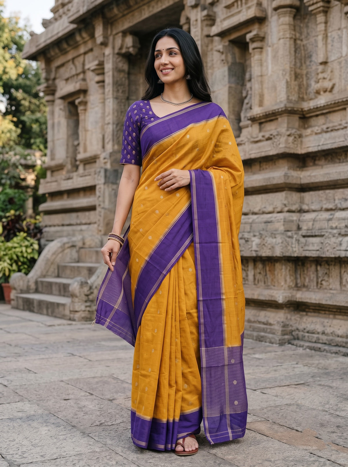 A woman wearing a yellow and purple silk saree stands in front of a stone temple structure. The saree has a yellow body with a purple border and a matching purple short-sleeve blouse.