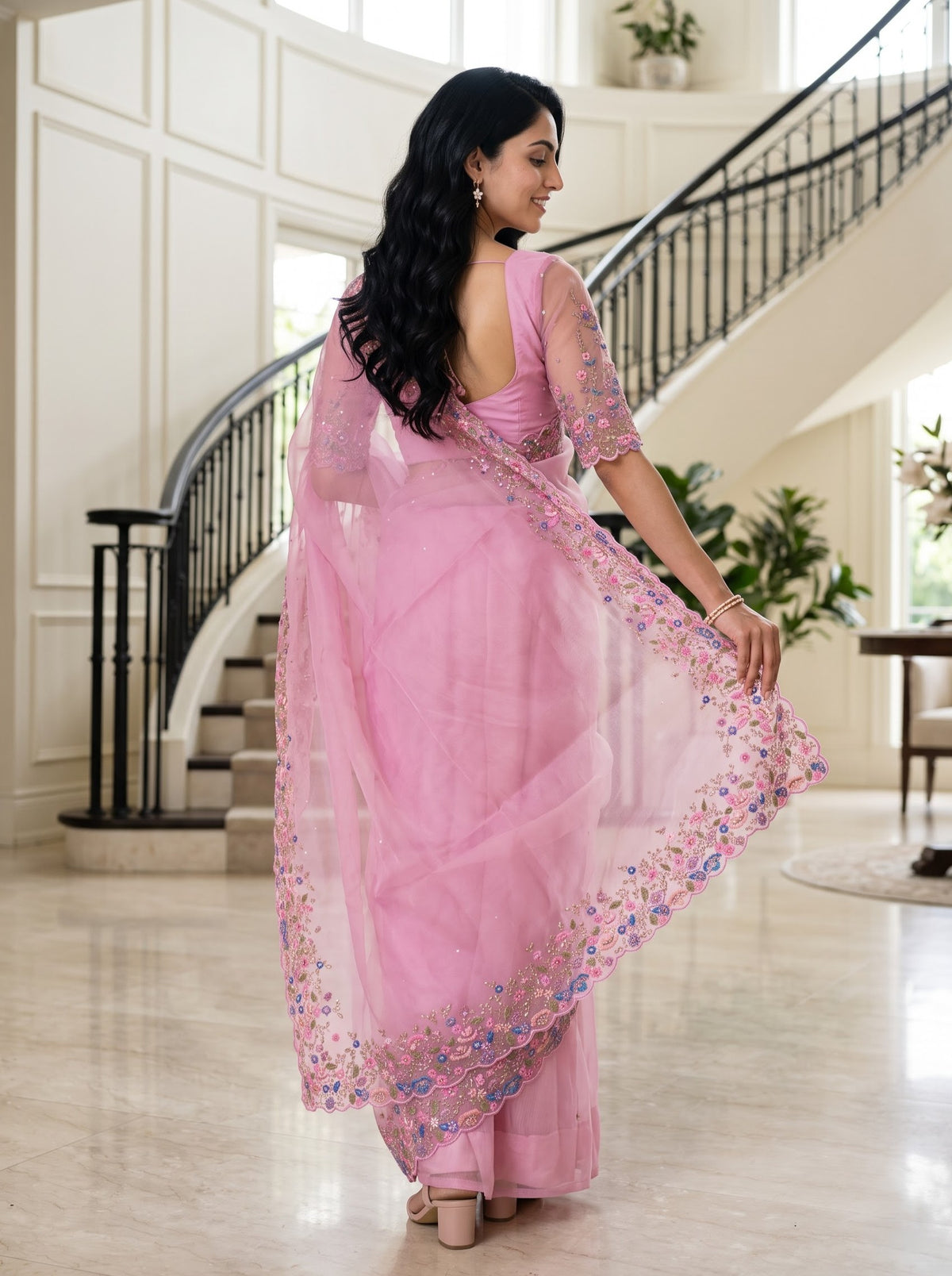 Organza Pink Multicolor Floral Embroidered Scalloped Border Saree with Sequin Work