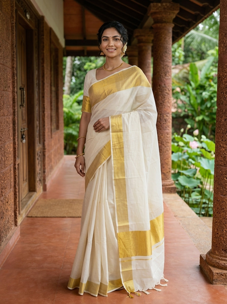 A woman wearing a white and mustard yellow saree stands on a traditional porch with stone pillars and green foliage in the background.