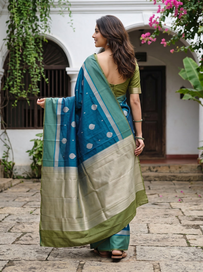 A woman wearing a teal blue and olive green saree with a silver zari border and white motifs, standing outdoors in front of a white building with stone steps and greenery.