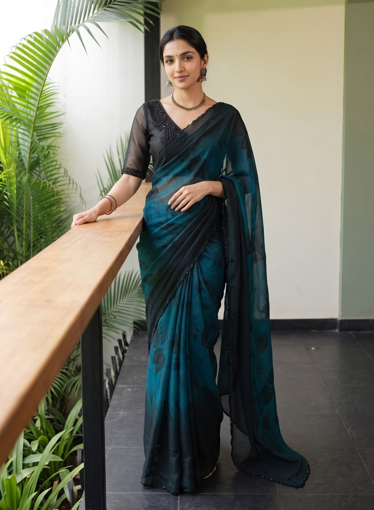 Organza Peacock Blue Black Ombre Saree with Large Leaf Print and Scalloped Beaded Border