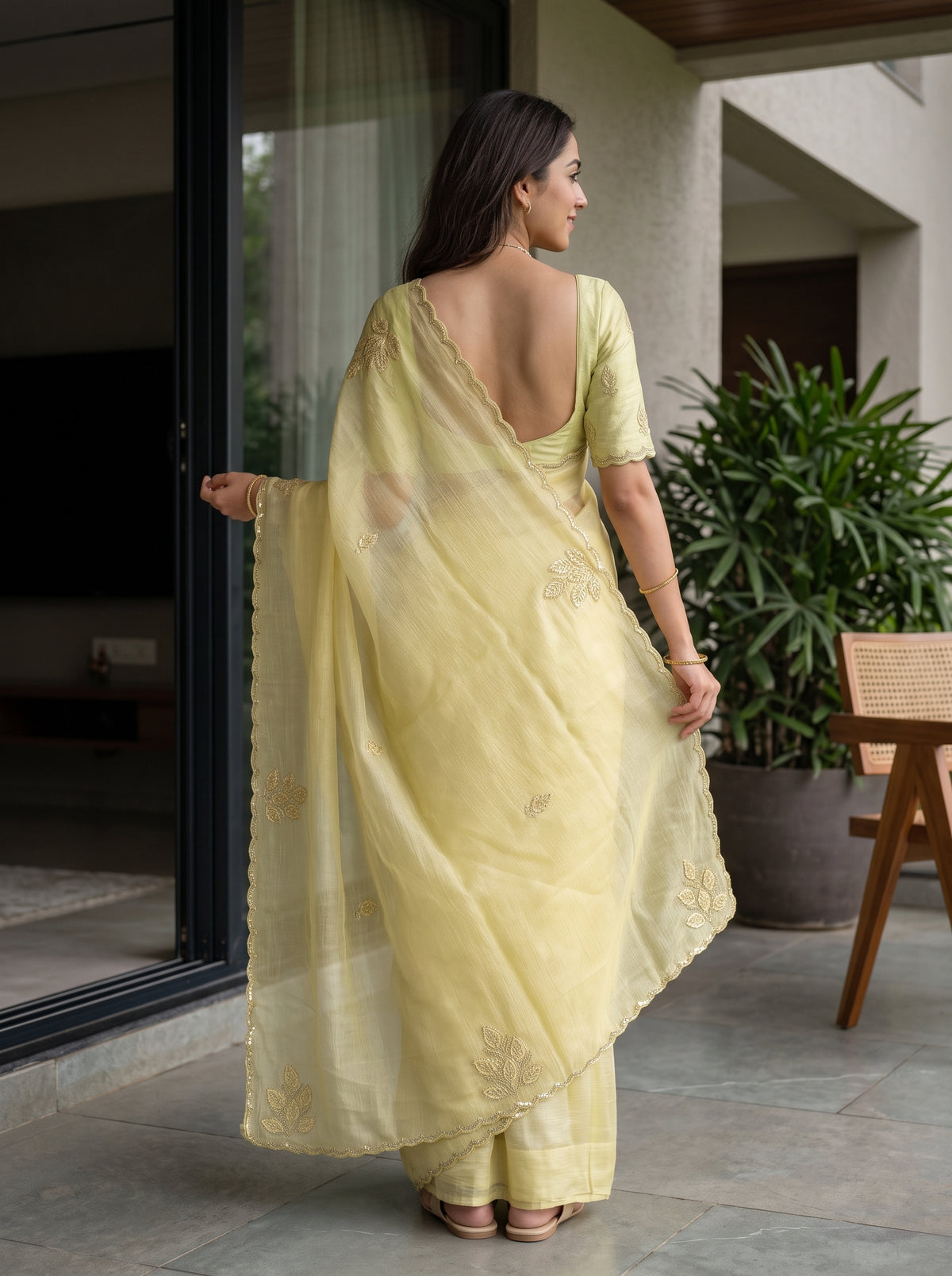 Organza Lemon Yellow Golden Bead Leaf Butta Zari Work Scalloped Border Saree