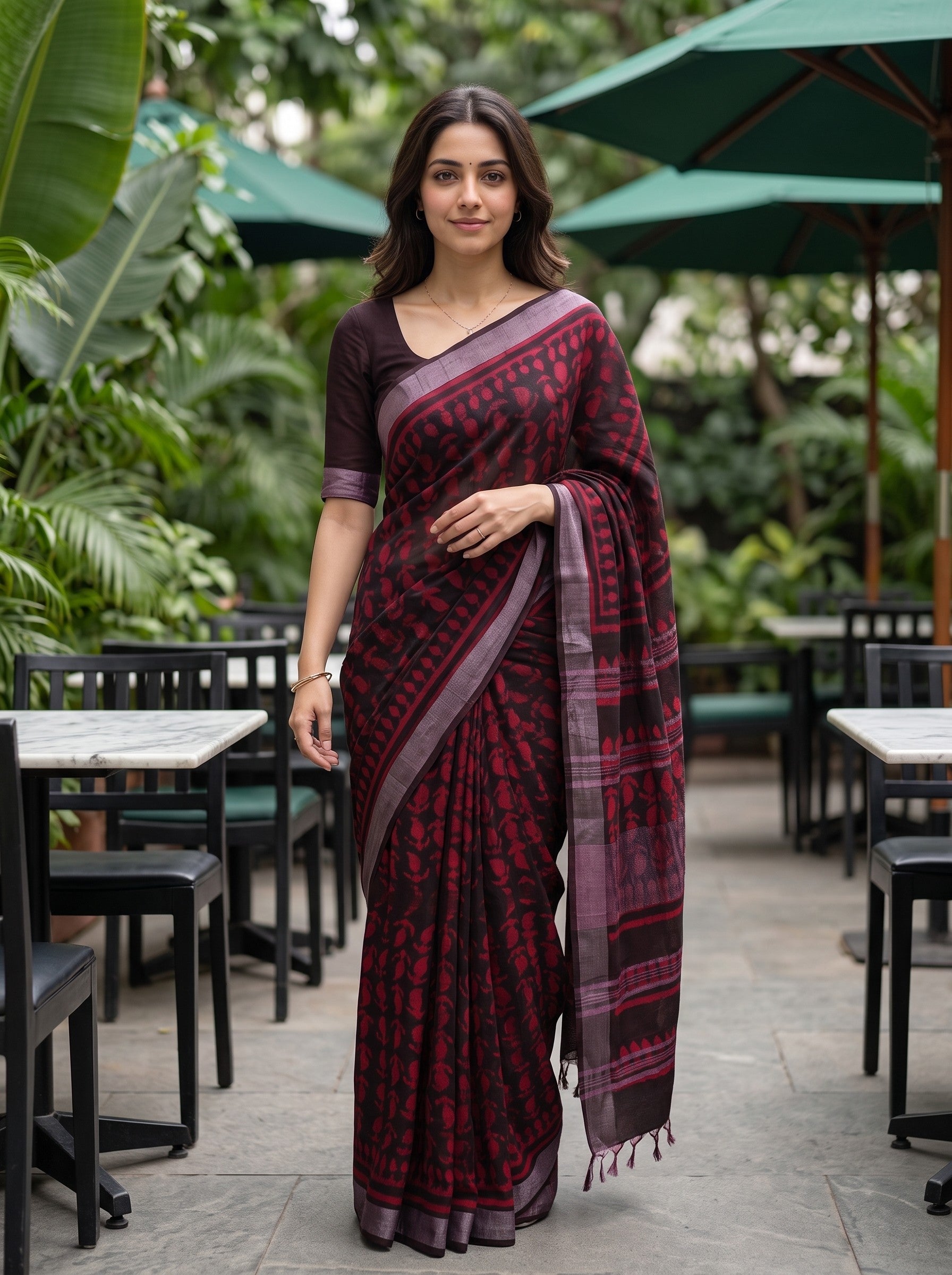 A woman wearing a dark red and black patterned saree with a deep purple border and a solid dark purple blouse, standing in an outdoor patio setting with green umbrellas and plants.