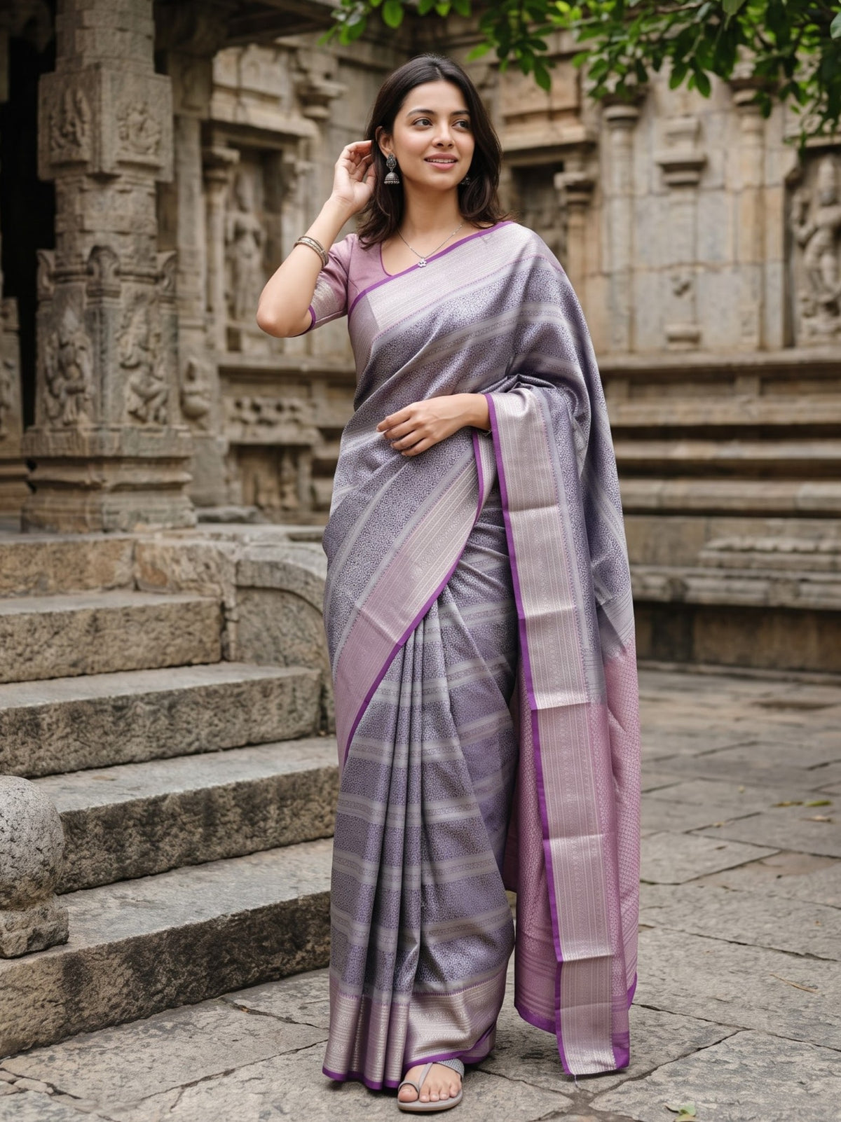 Semi Silk Deep Purple Zari Floral Jaal Magenta Pallu Diamond Booti saree
