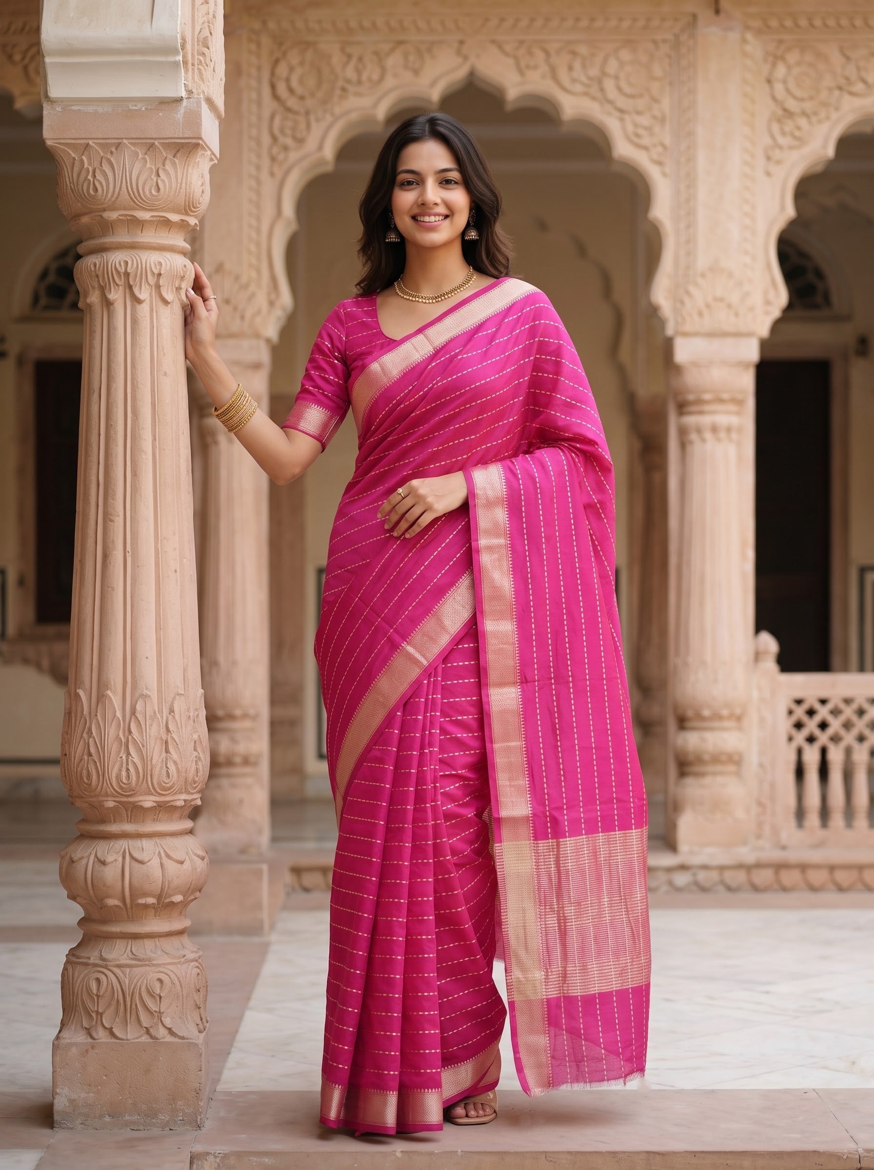 Semi Silk Hot Pink Pinstripe Saree with Golden Zari Woven Pallu