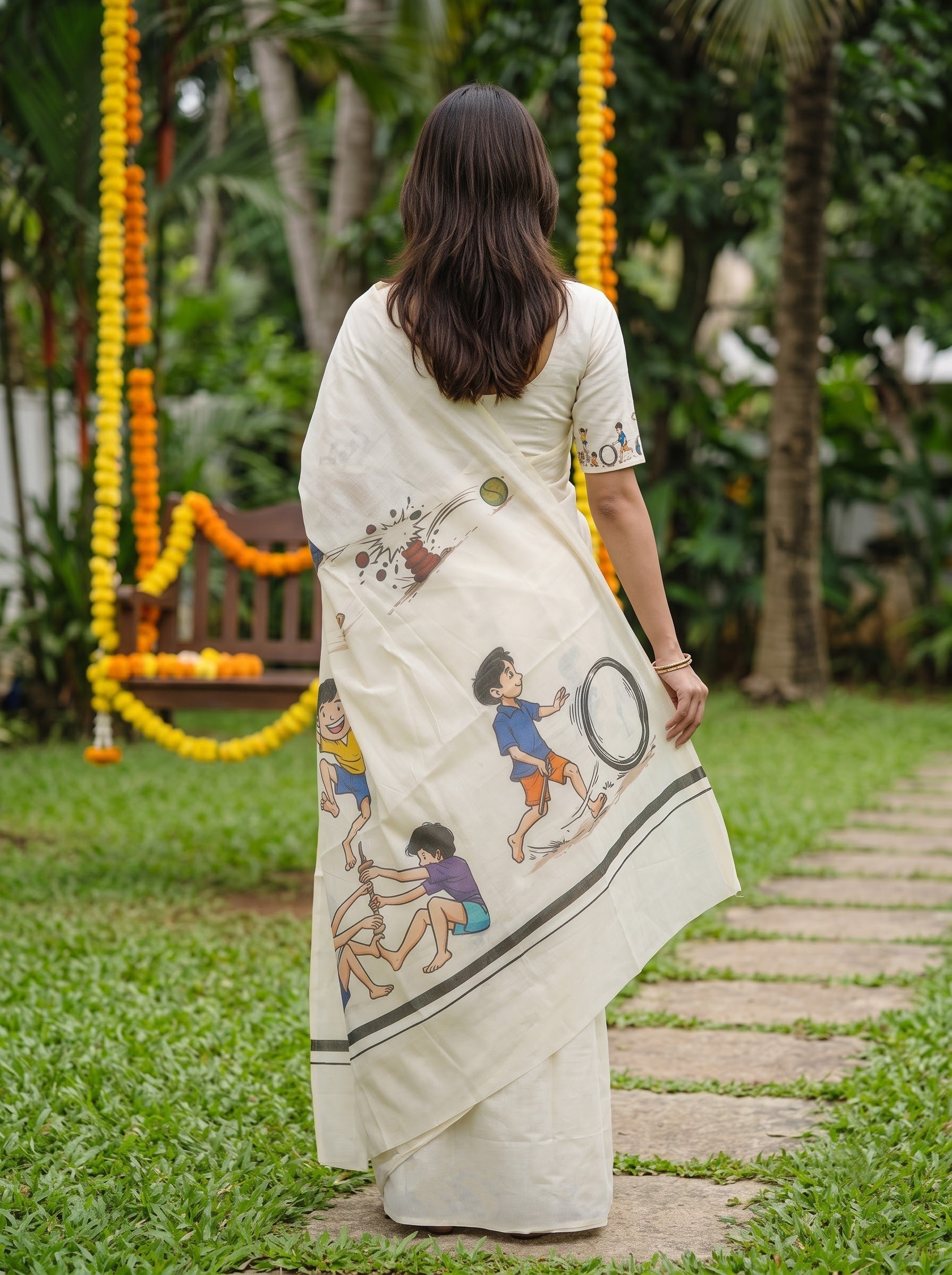 A woman viewed from behind wearing a cream-colored cotton saree with colorful traditional Indian folk art illustrations, standing on a stone path in a garden.