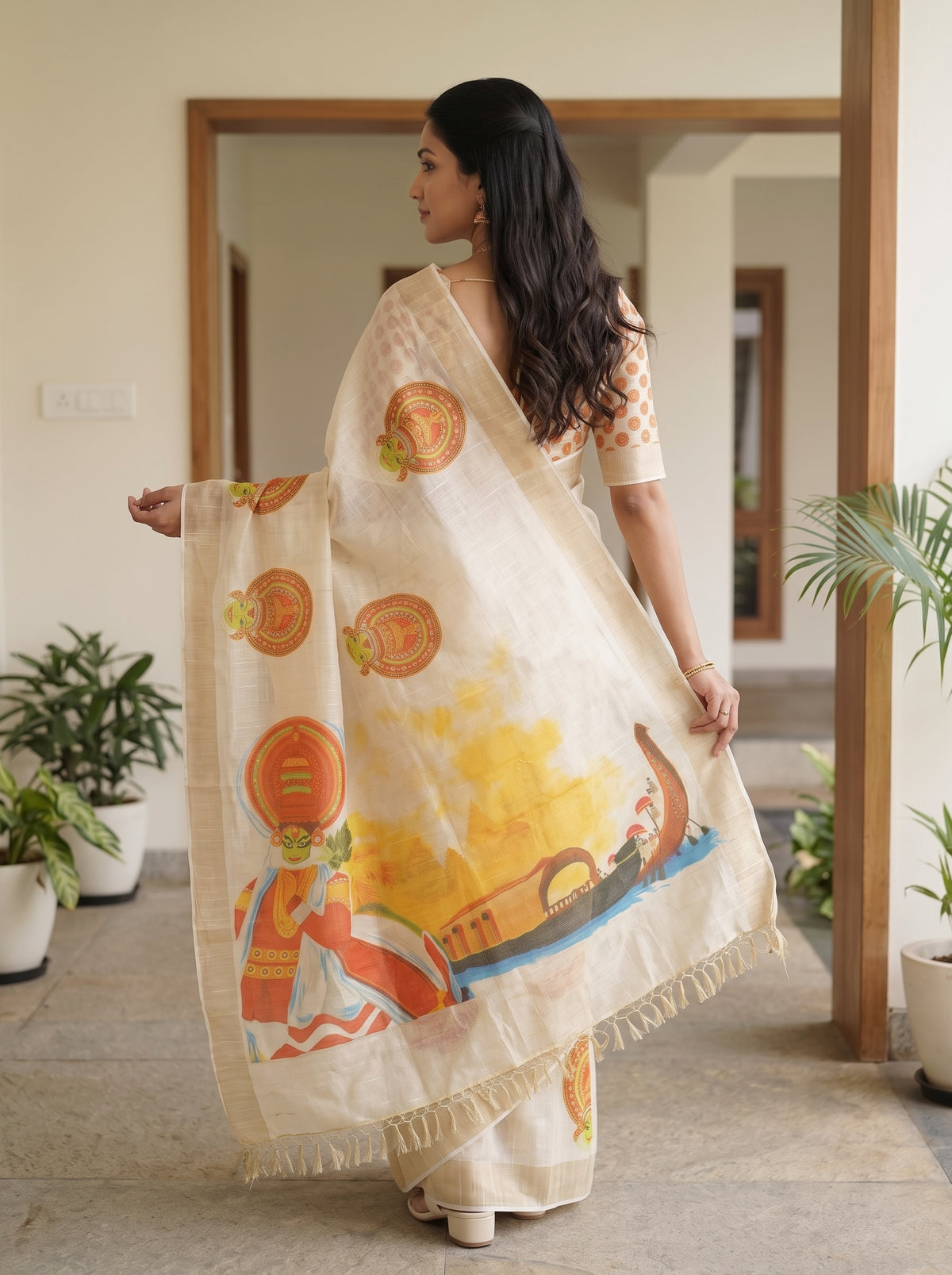 A woman wearing a cream-colored saree with orange and yellow printed motifs, standing in a doorway with potted plants in the background.