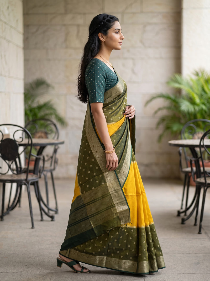 A woman wearing a traditional Indian saree with a yellow and olive green body, decorated with gold polka dots and a dark green border, standing in a stone-walled corridor with potted plants and black metal chairs.