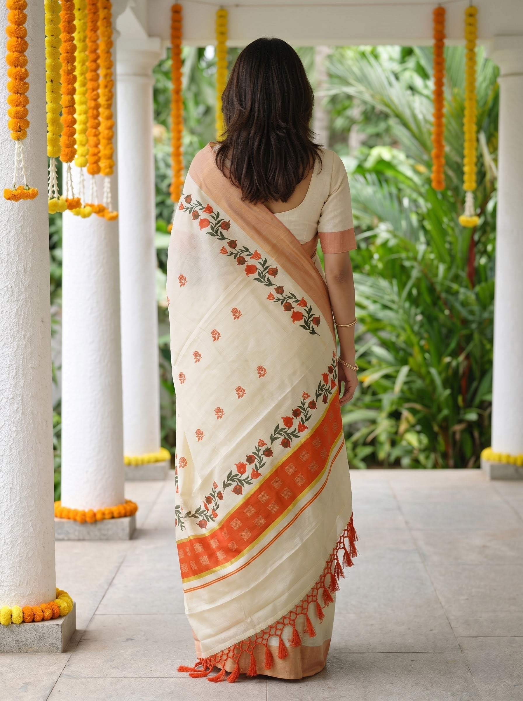 Tissue Cream Peach Border with Red Tulip Vine Print Onam Special Kerala Saree