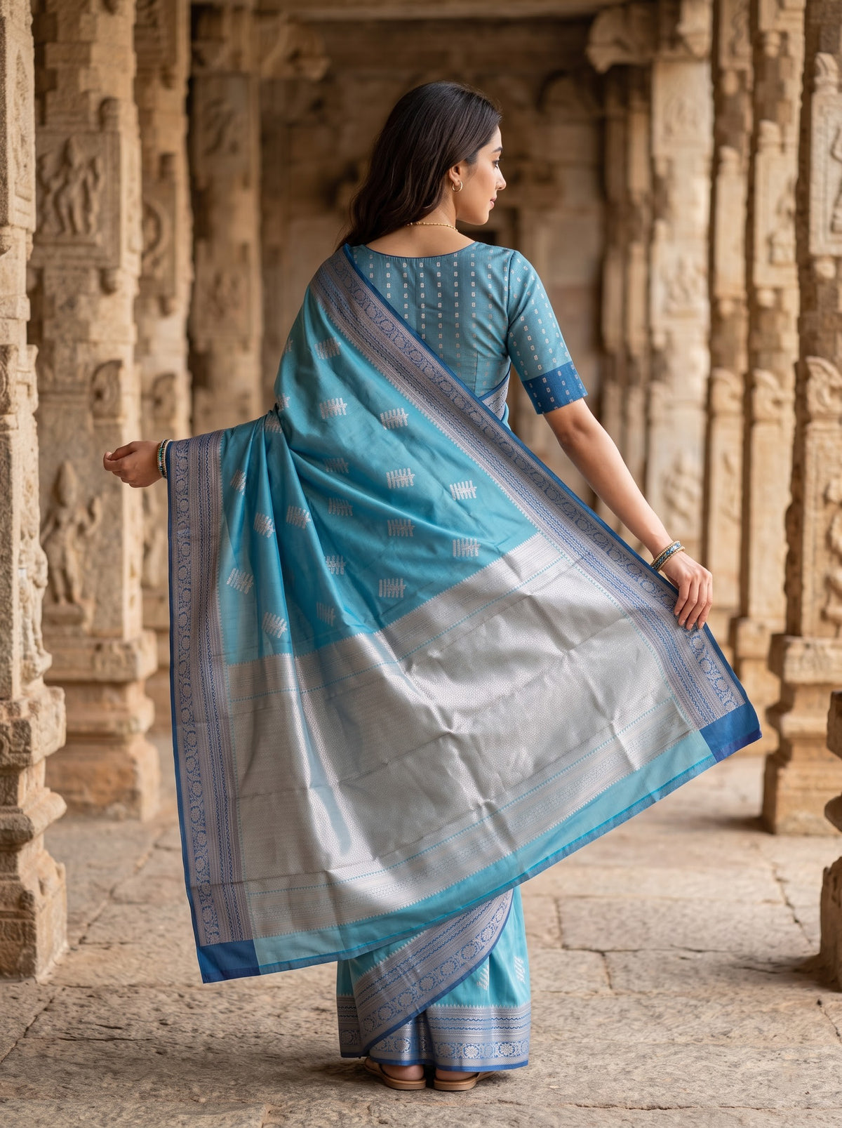 Semi Silk Teal Blue Saree with Antique Silver Zari Jaal Pallu and Floral Vine Border