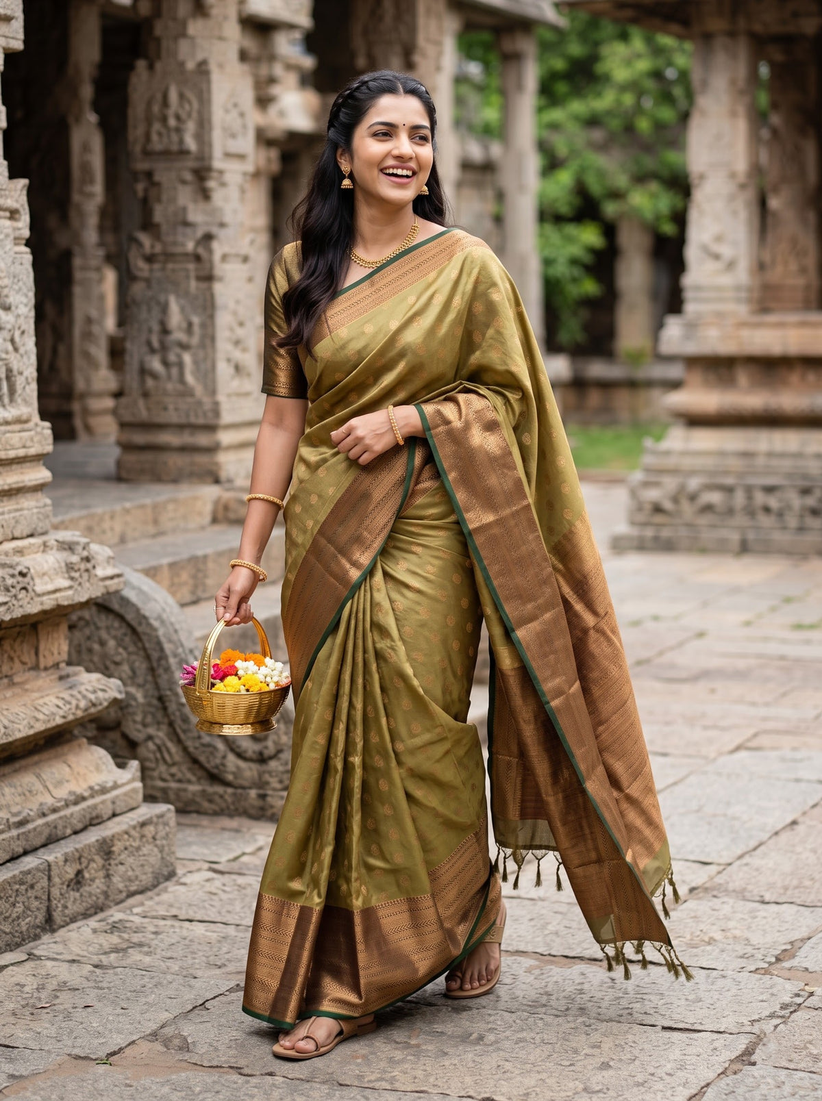 Semi Silk Olive Green Saree with Rich Copper Zari Woven Pallu, Zari Buttas and Tassels