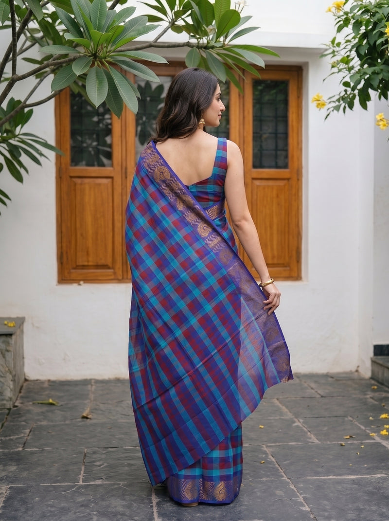 A woman wearing a blue and purple plaid saree with a matching sleeveless blouse, standing outdoors in front of a white wall with wooden doors and green plants.