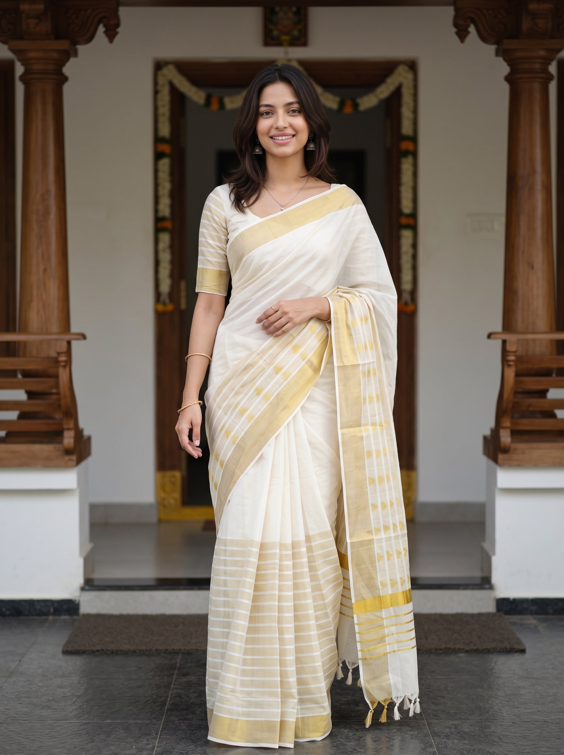 A woman modeling a cream-colored cotton saree with yellow stripes and a matching yellow border, standing in front of a traditional doorway with wooden pillars.