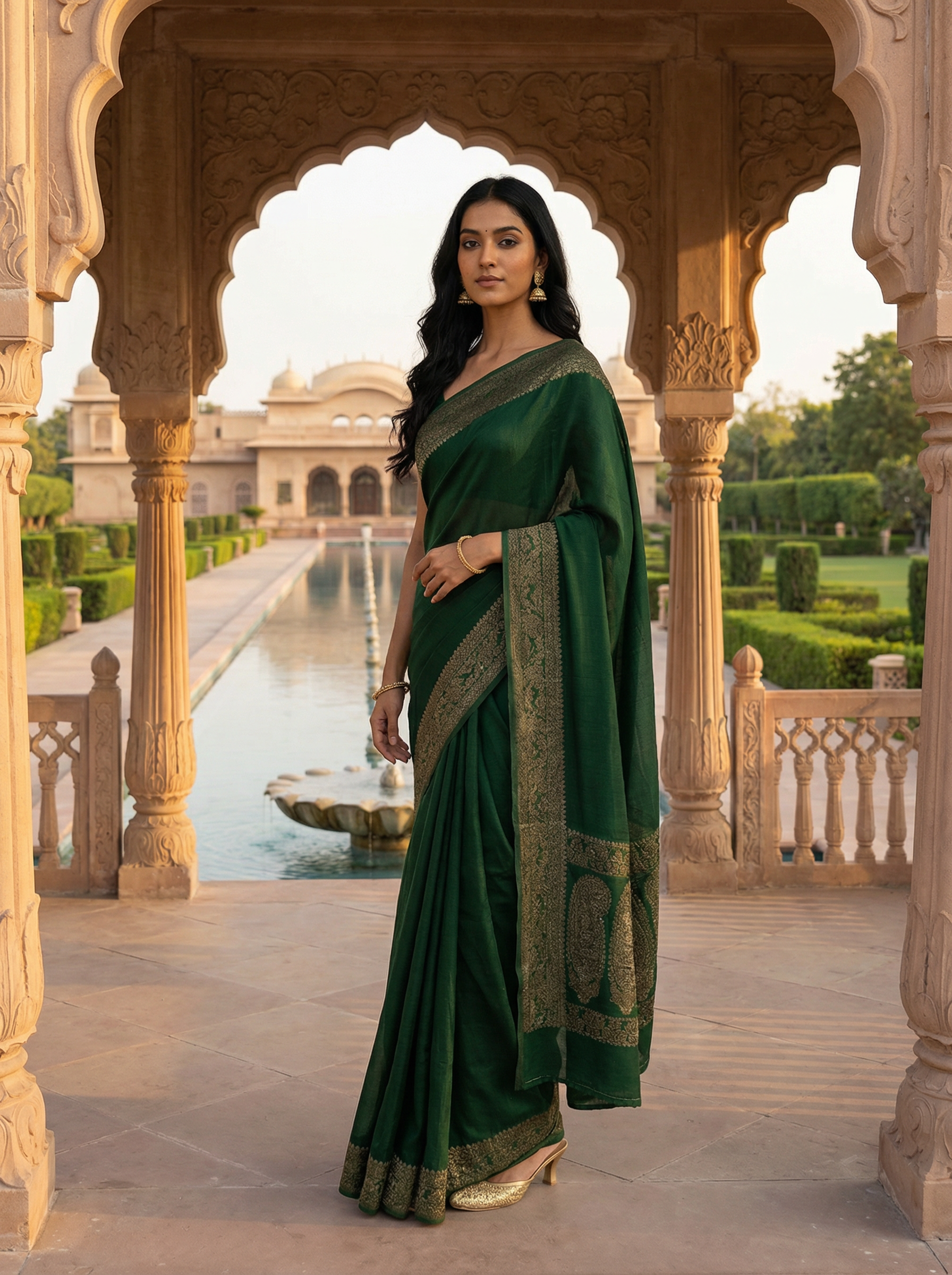 Georgette Banarasi Bottle Green Traditional Zari Border Saree