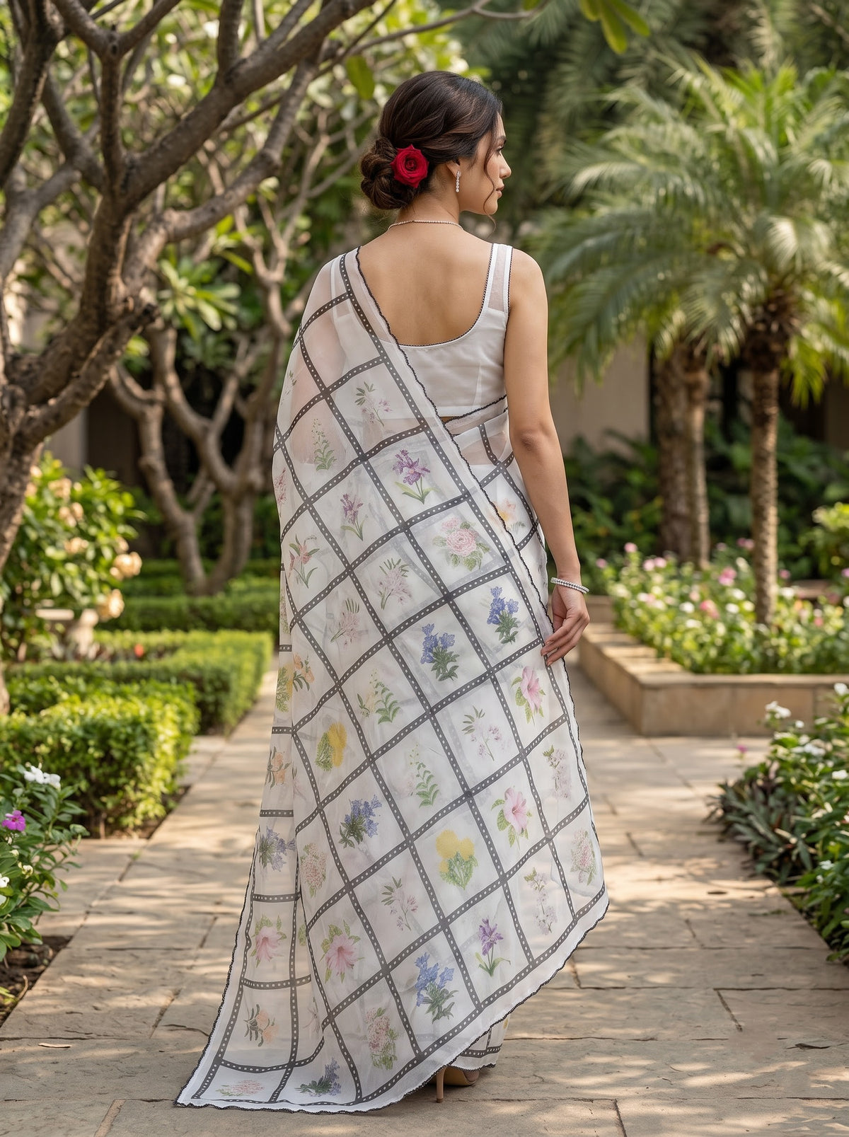 Organza White Film Strip Checkered Print Saree with Multicolor Botanical Floral Motifs and Black Beaded Edge